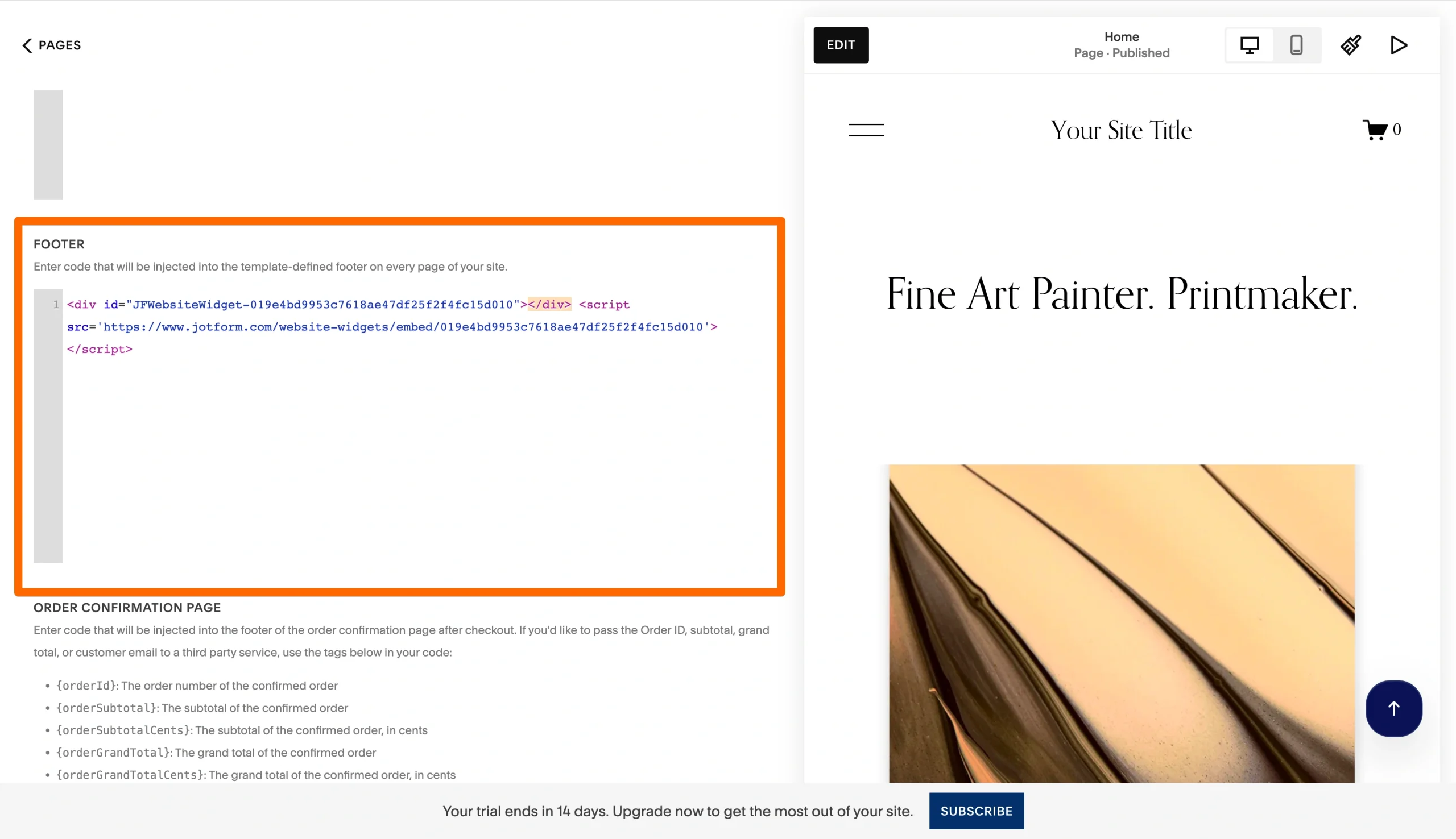 Squarespace custom code injection area with a back-to-top button preview