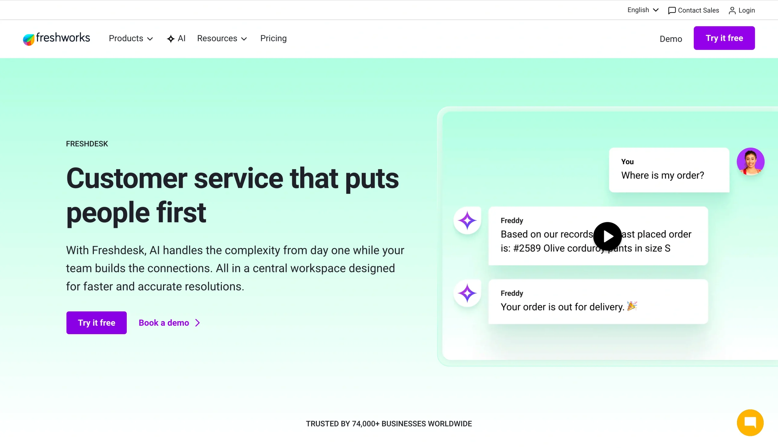 Screenshot of the Freshdesk landing page, showing a headline "Customer service that puts people first"