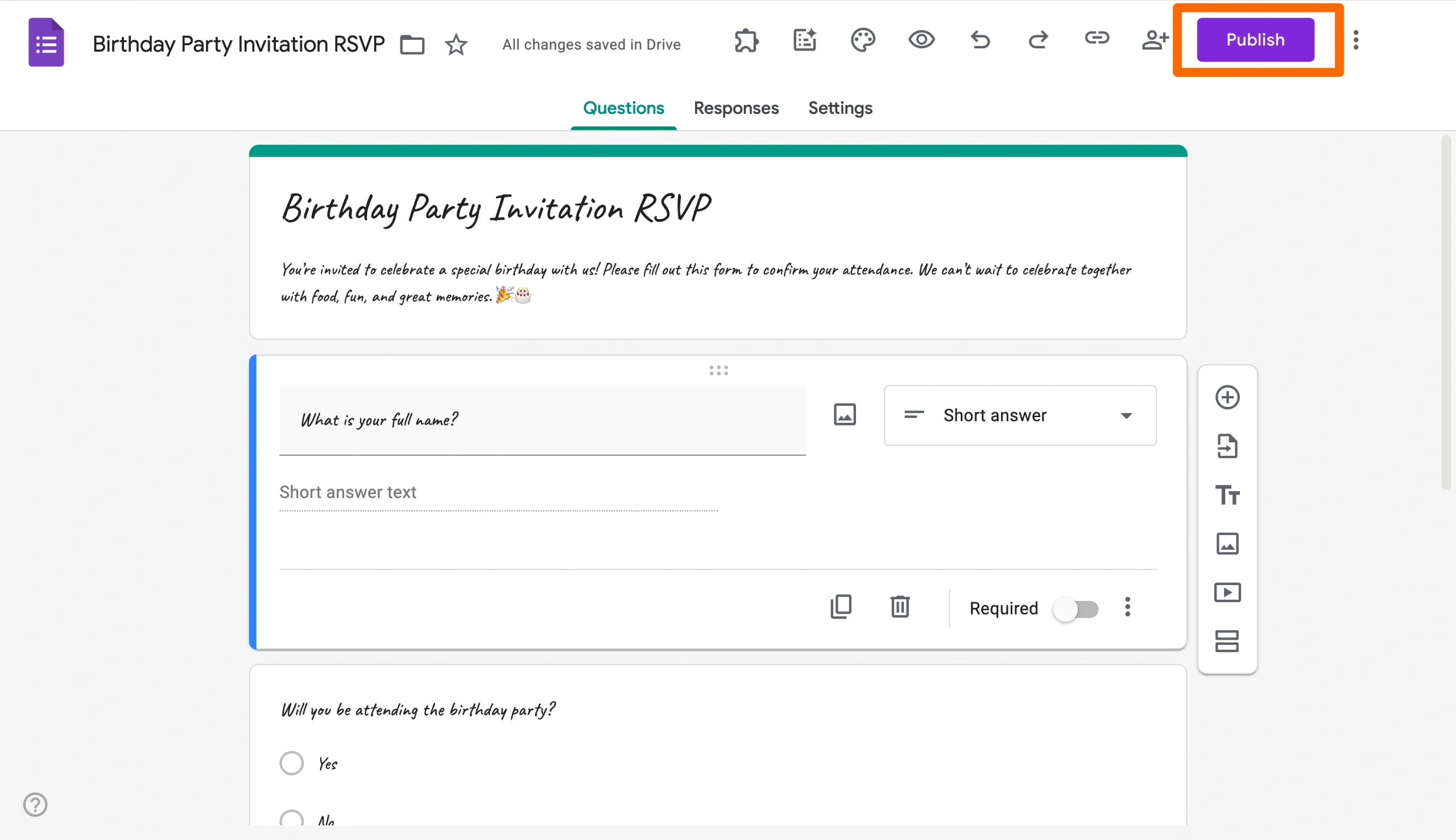 Google Forms editor with the Publish button highlighted