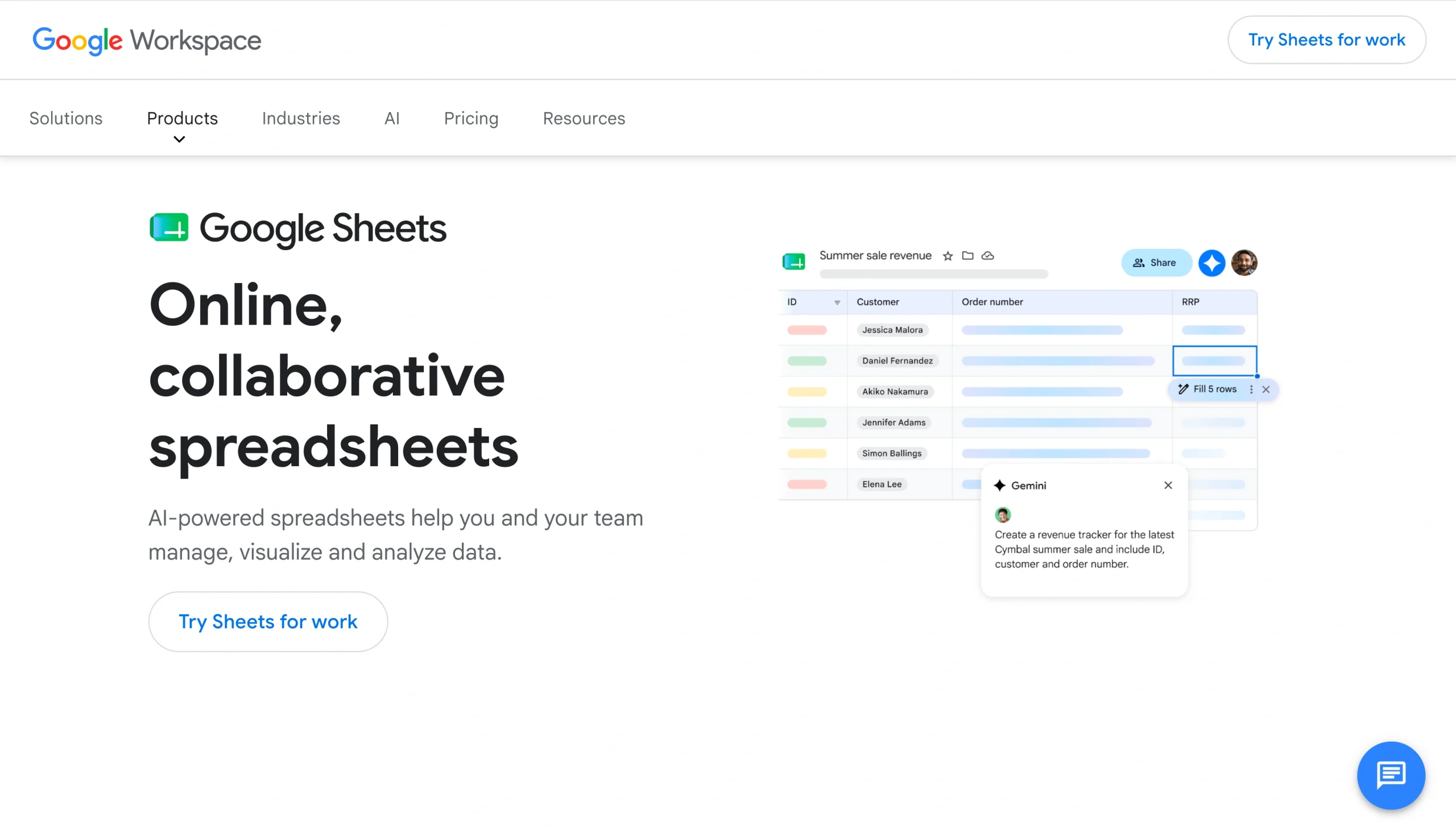 Screenshot of the Google Sheets landing page, showing a headline "Online, collaborative spreadsheets"