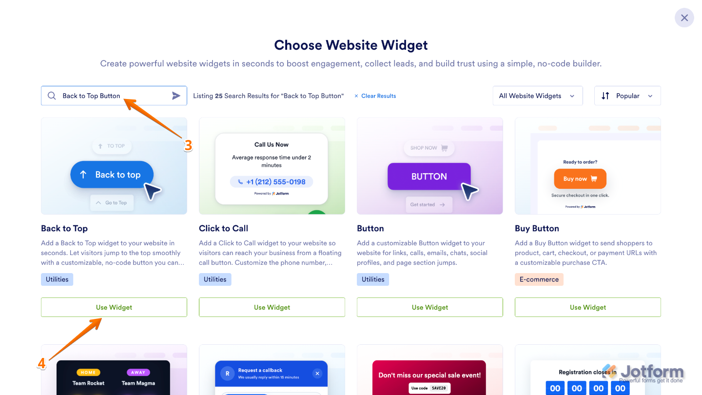 Searching for the Back to Top Button widget and selecting Use Widget from the search results