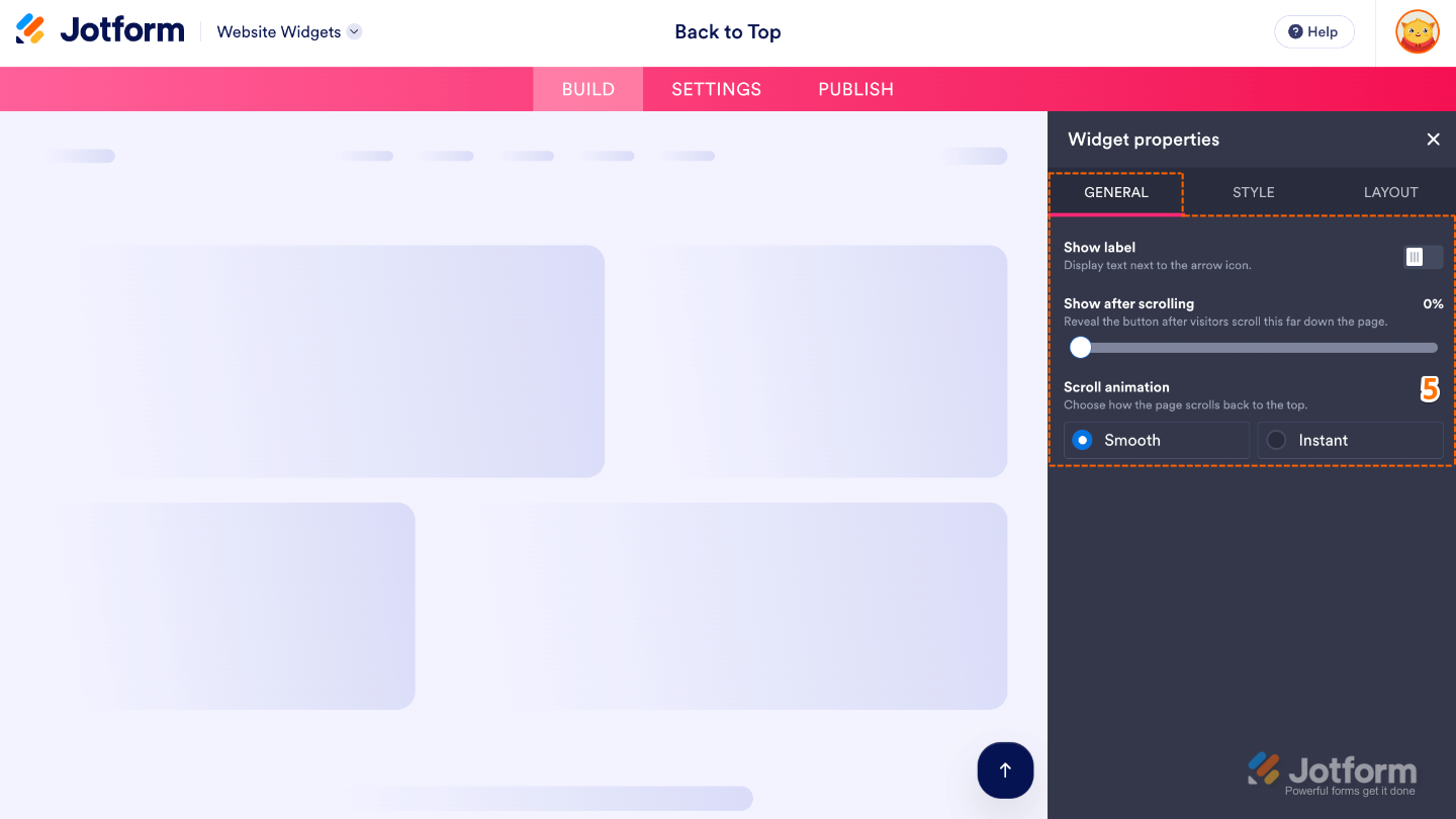 Configuring the Back to Top Button widget by choosing whether to display a label, setting the scroll distance before it appears, and selecting a scroll animation