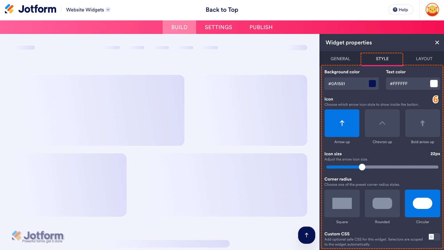 Customizing the Back to Top Button widget by adjusting its colors, icon, icon size, corner radius, and applying custom CSS