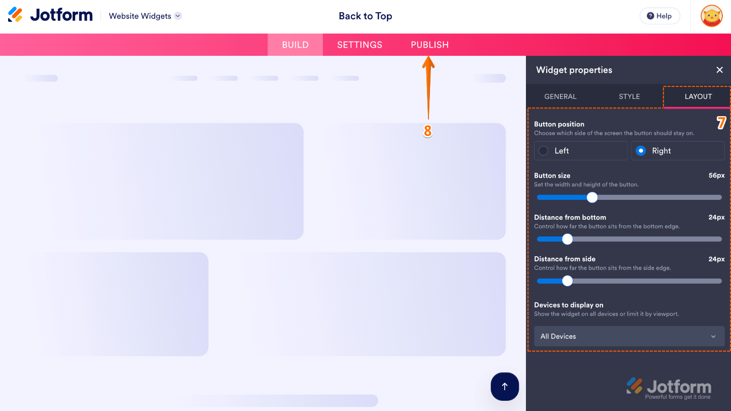 Configuring the Back to Top Button widget by adjusting its layout, position, size, spacing, device visibility, and clicking Publish to save the changes