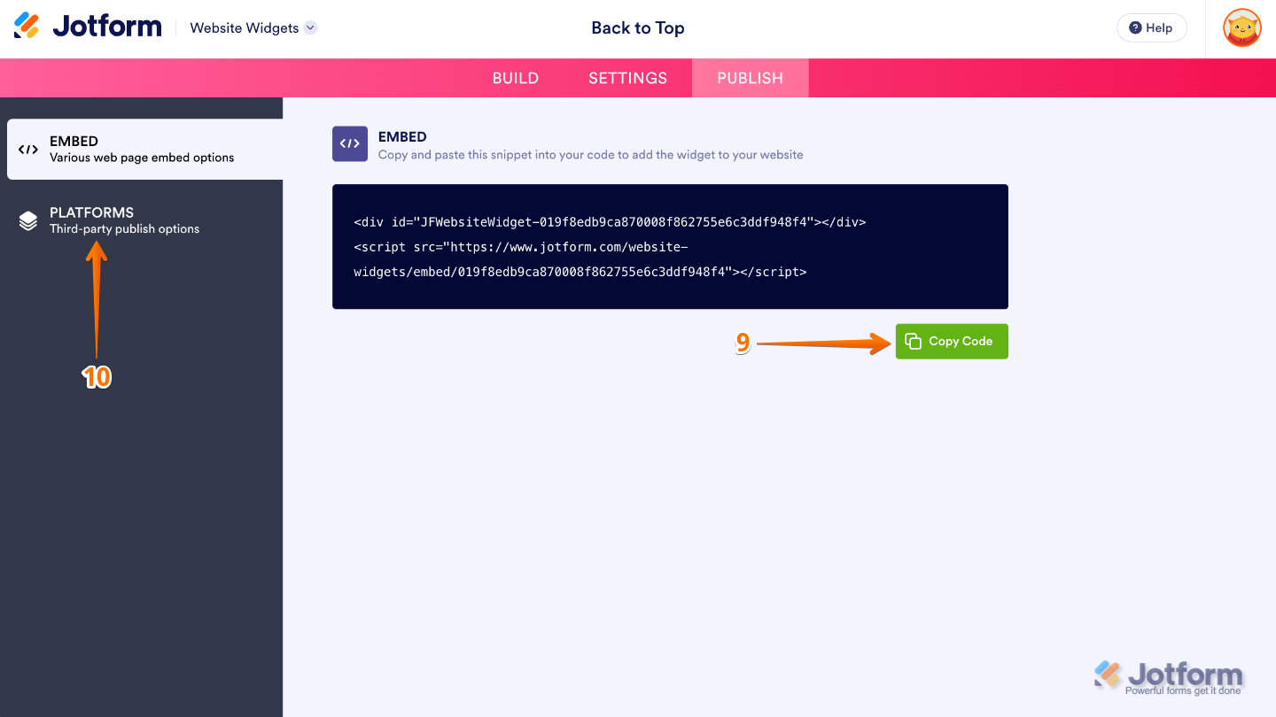 Copying the Back to Top Button widget embed code or selecting Platforms to view platform-specific embedding instructions
