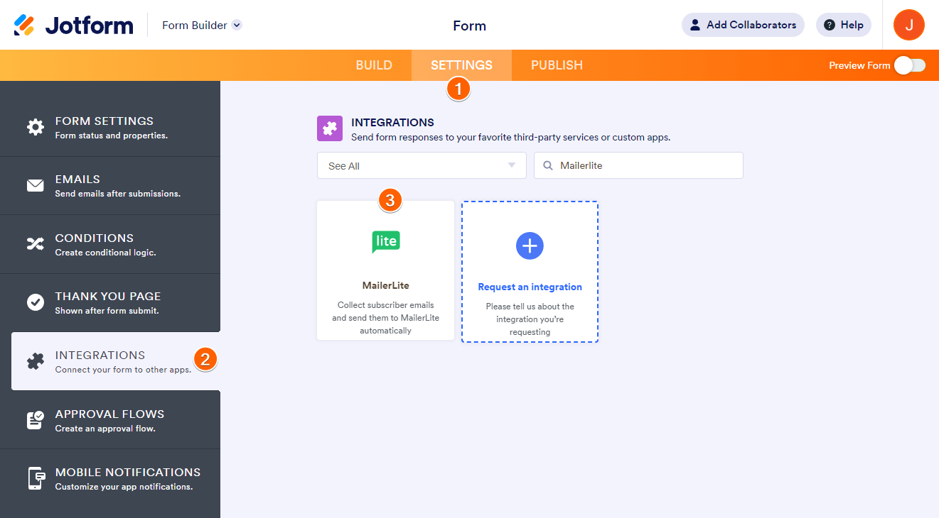 Jotform Form Builder Settings Tab Integrations Page MailerLite Integration