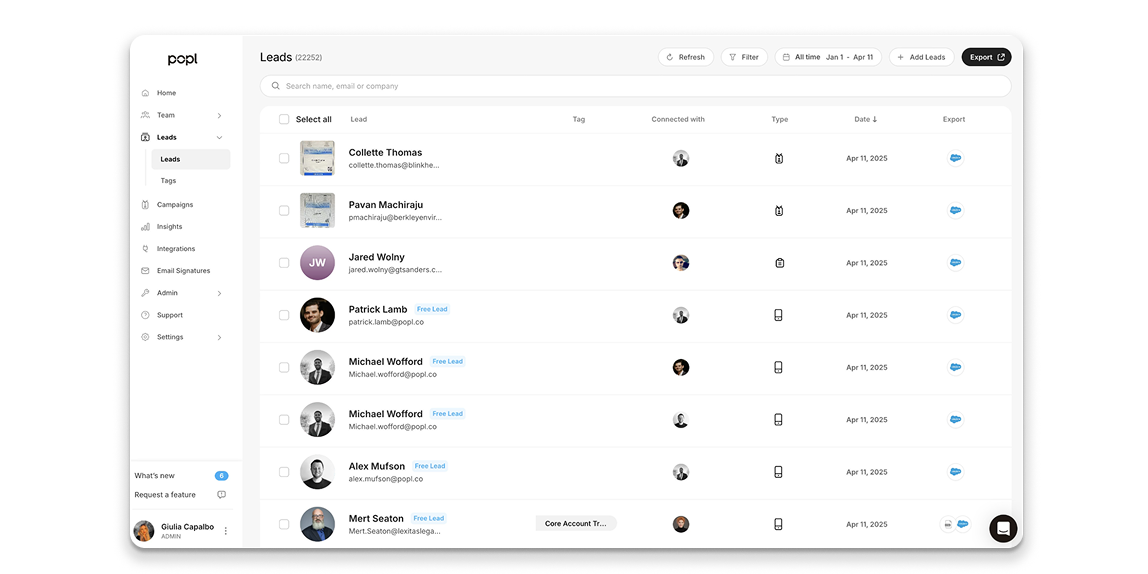 Popl Lead Management Tab