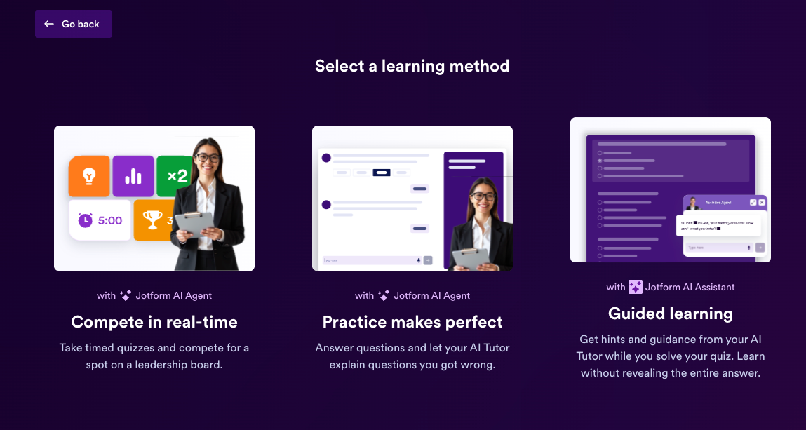 Jotform AI Tutor interface showing the three learning methods to choose from: "Compete in real time," "Practice makes perfect," and "Guided learning"