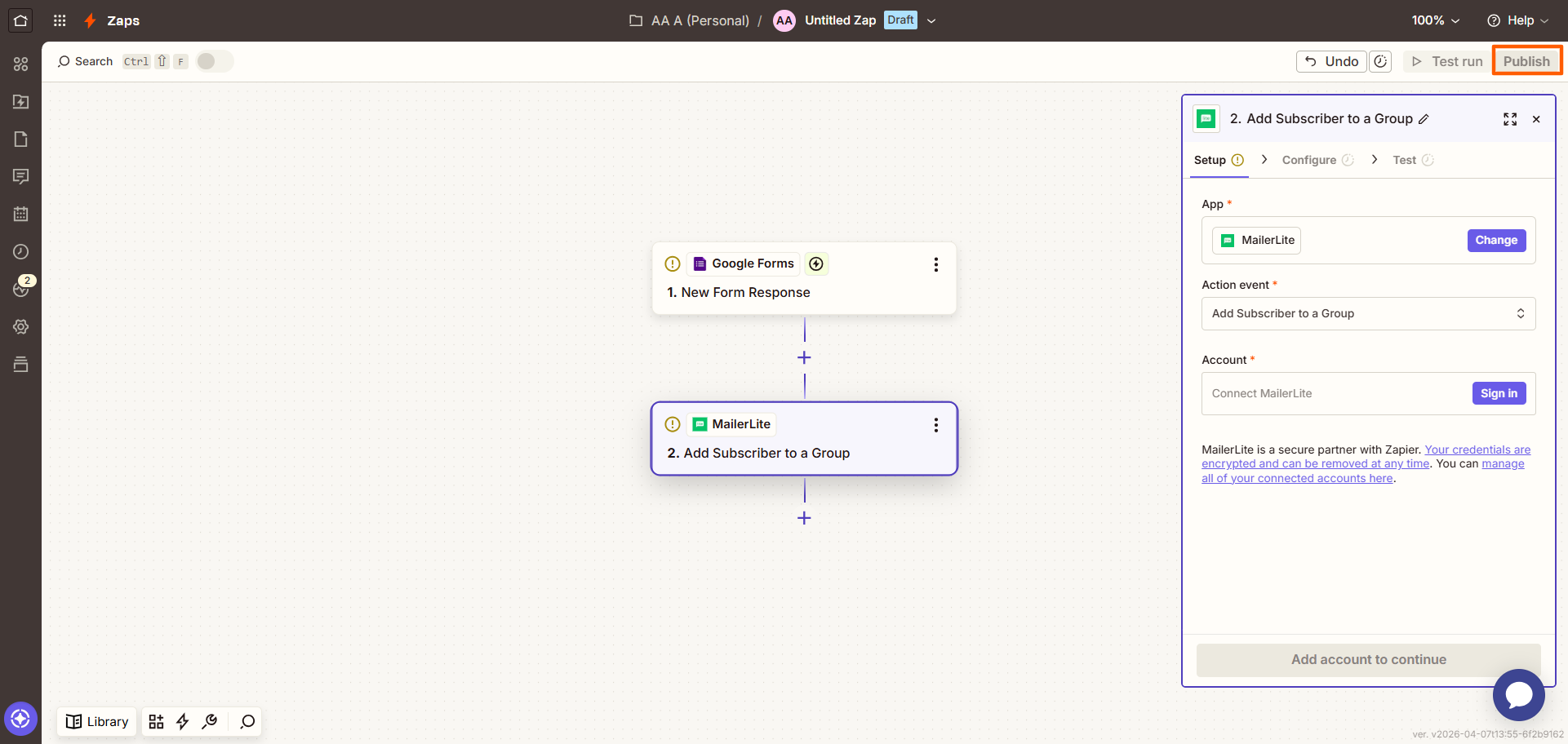 Zapier Zap Builder Publish button