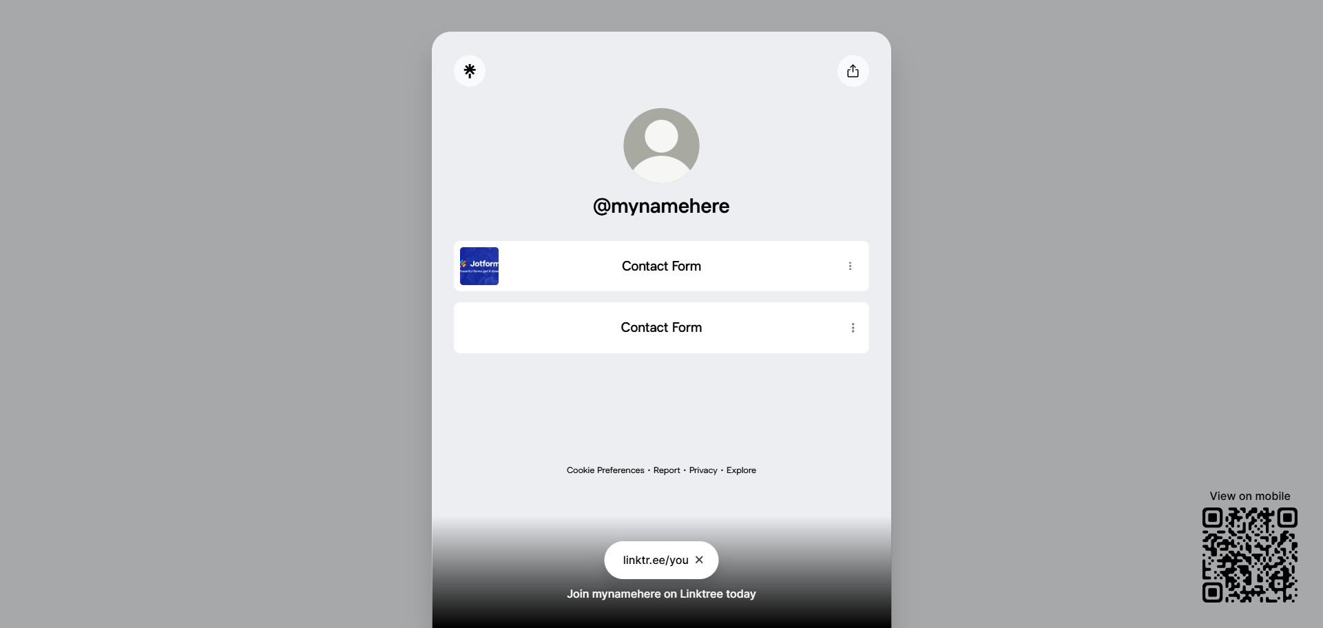 Linktree mobile preview showing the added Jotform contact form link