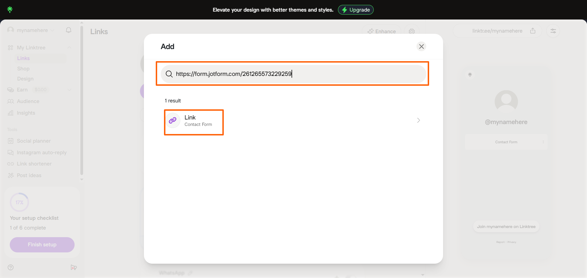 Linktree Add window with a Jotform direct form link pasted into the search field