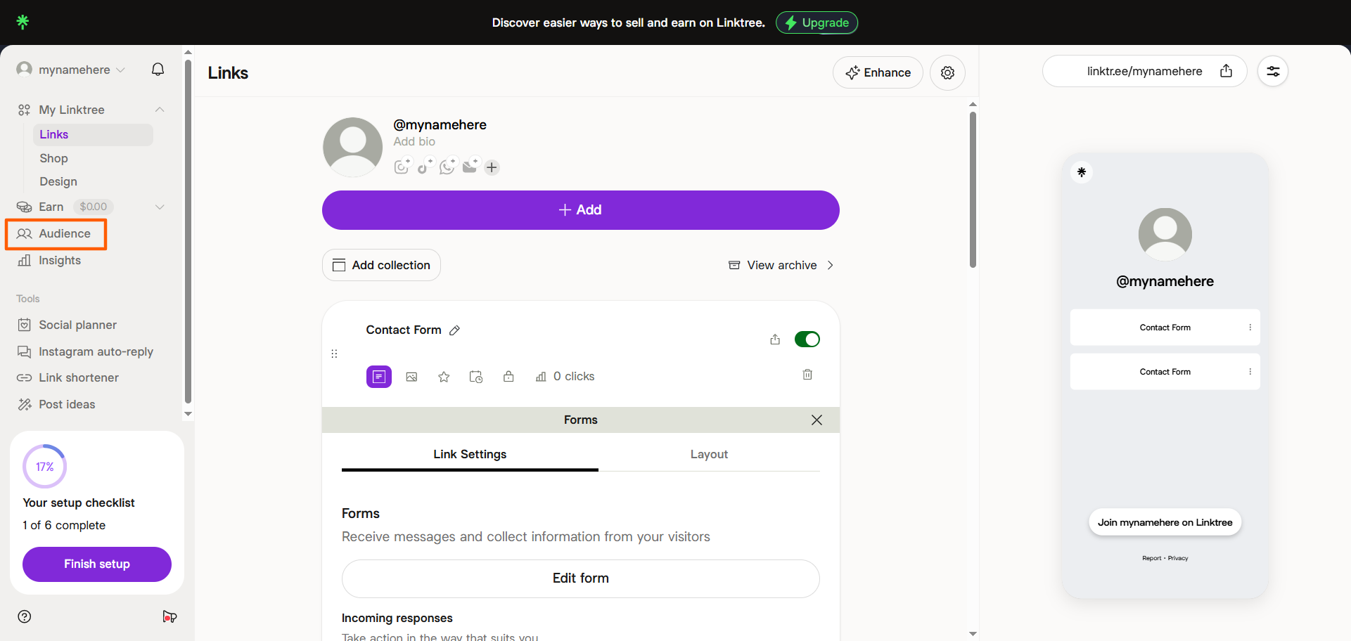 Linktree dashboard with the Audience menu highlighted in the left sidebar