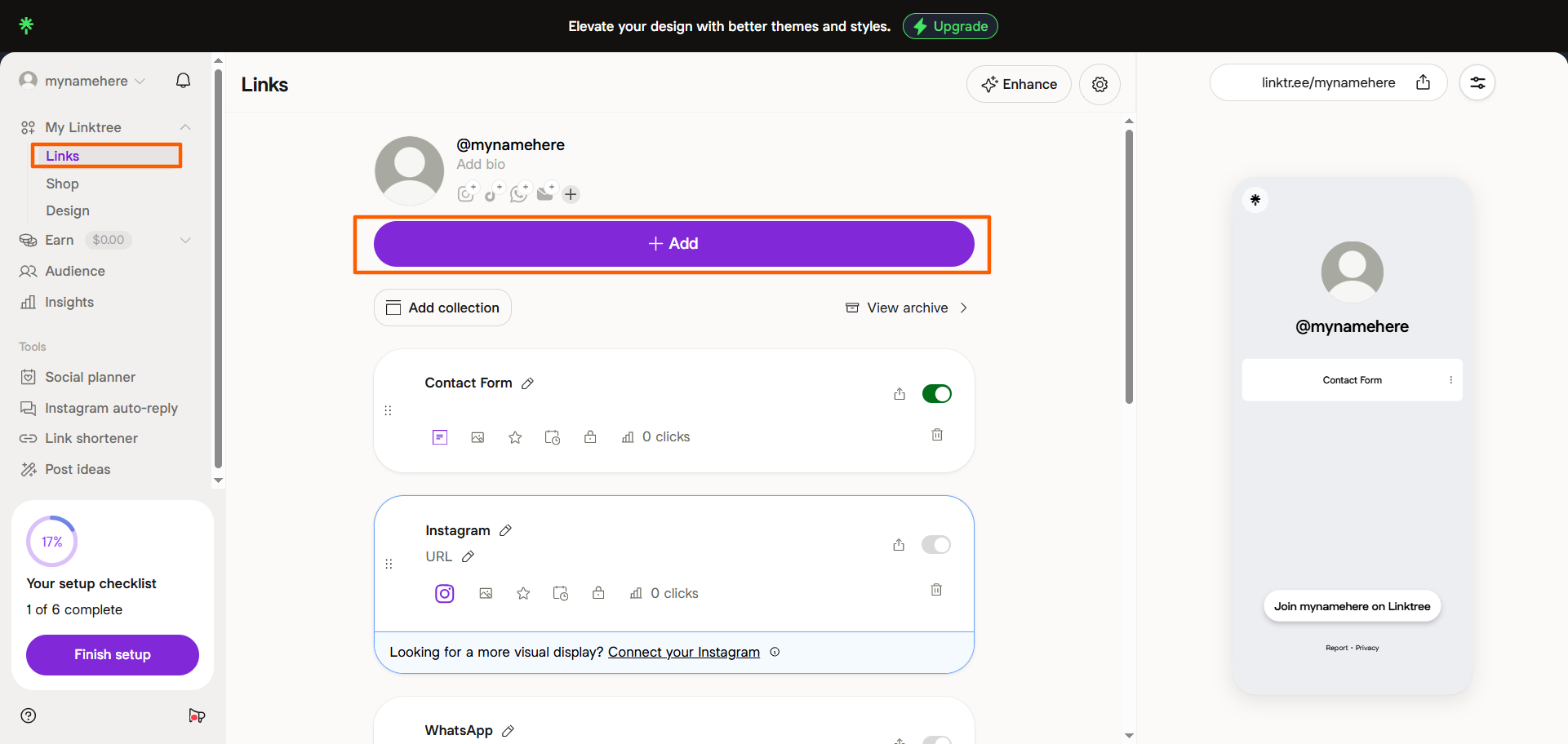 Linktree dashboard with the Links menu and + Add button highlighted