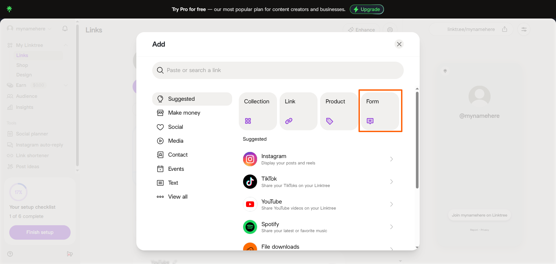 Linktree Add menu with the Form option highlighted