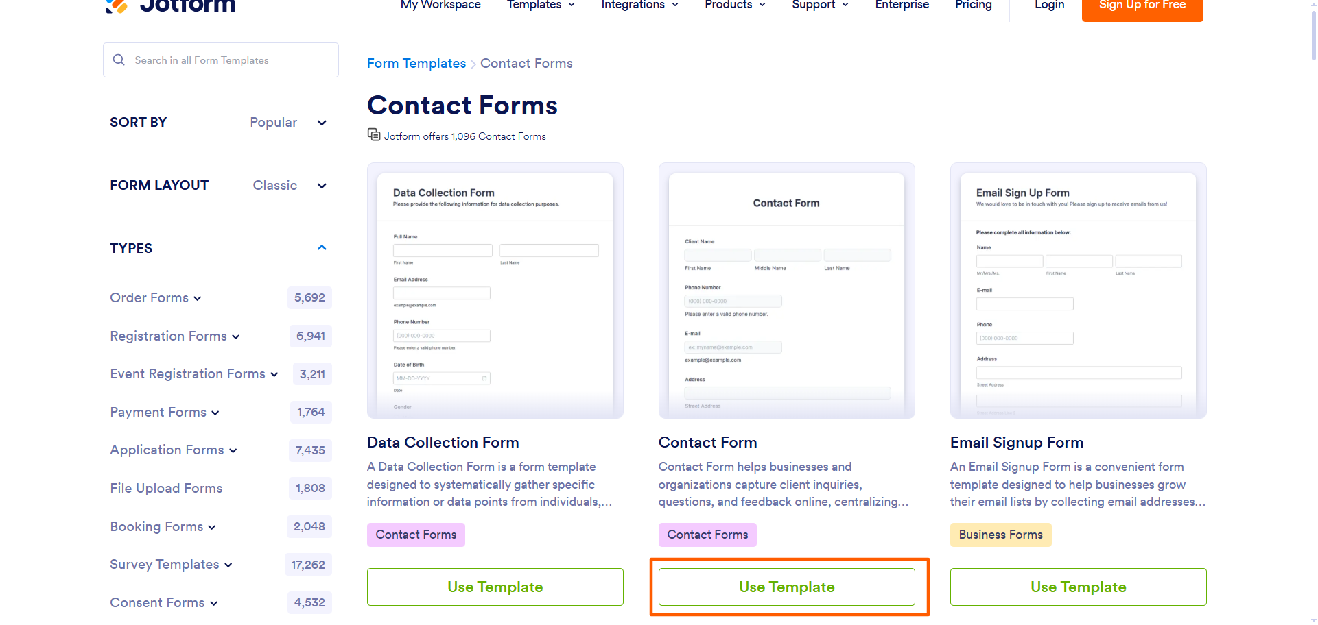 Jotform contact form template gallery with the Use Template button highlighted