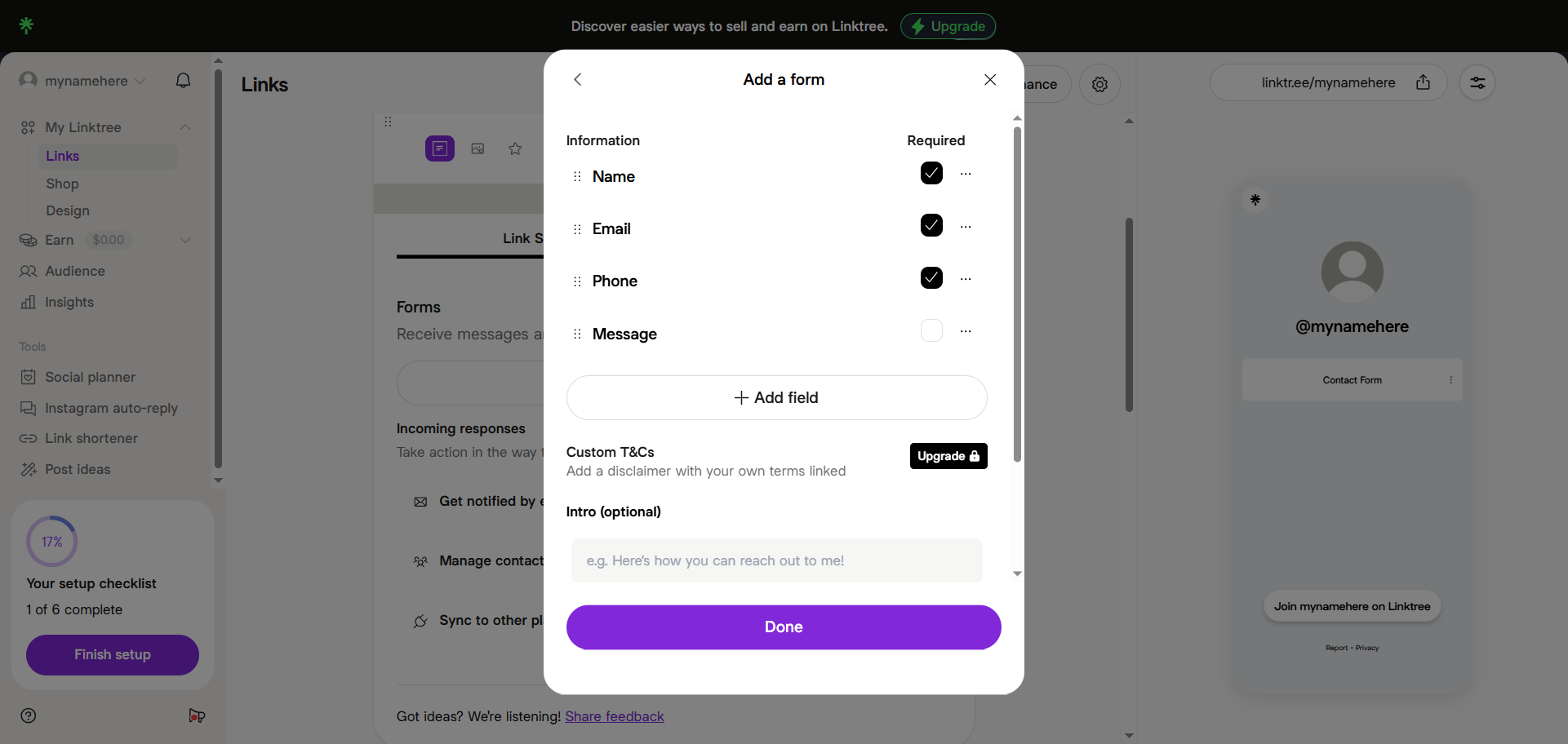 Linktree form customization window with fields for name, email, phone, and message