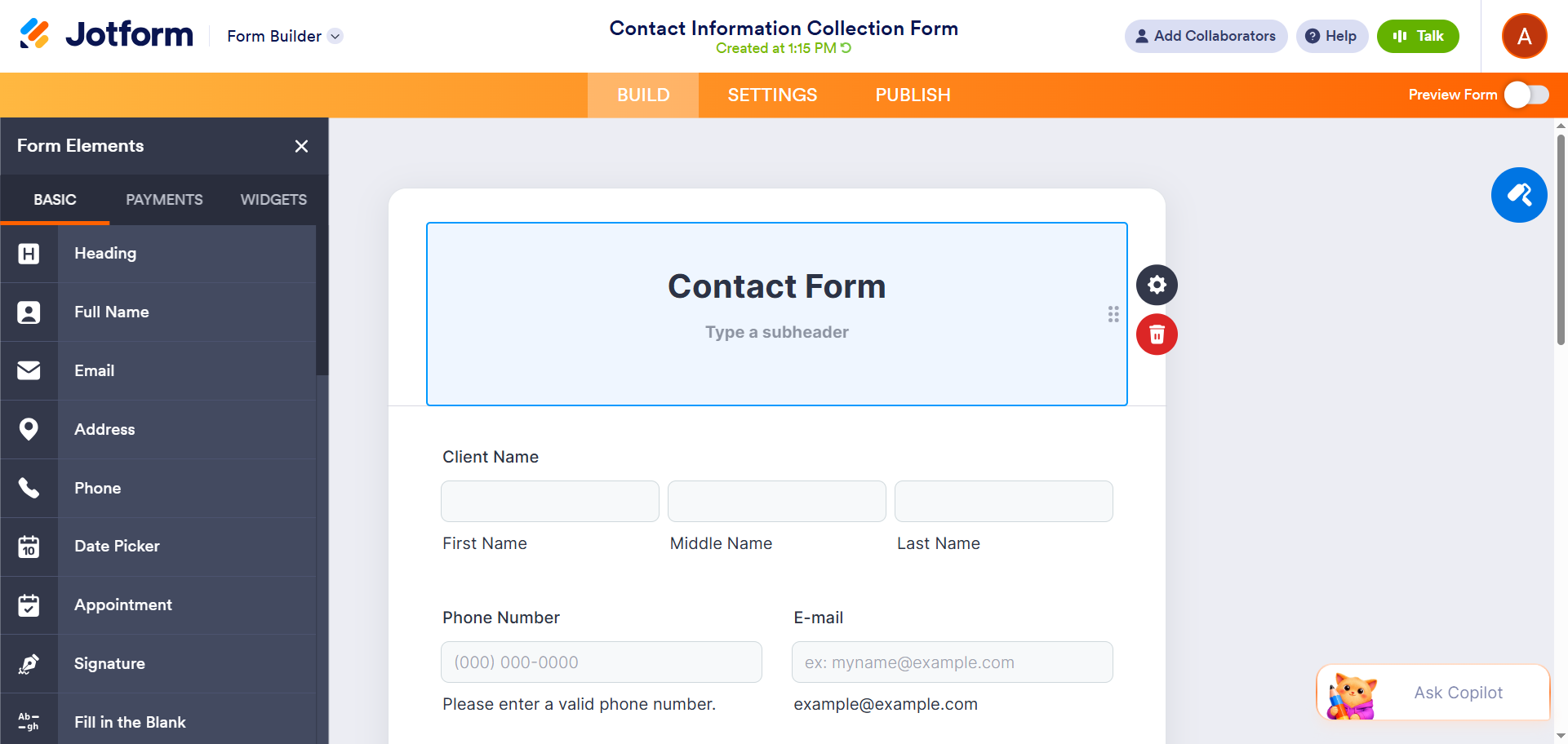 Jotform Form Builder showing a contact form template with editable fields