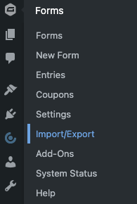 WordPress admin dashboard showing the "Import/Export" option under "Forms"