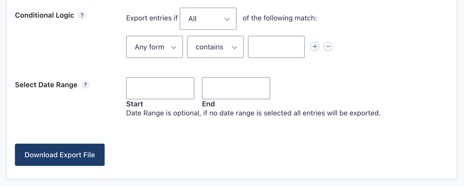 Gravity Forms' Export Entries screen showing the "Conditional Logic" and "Select Date Range" options as well as the "Download Export File" button