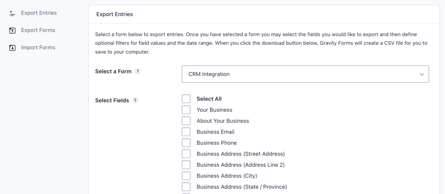 Gravity Forms' Export Entries screen showing the "Select Fields" checkboxes