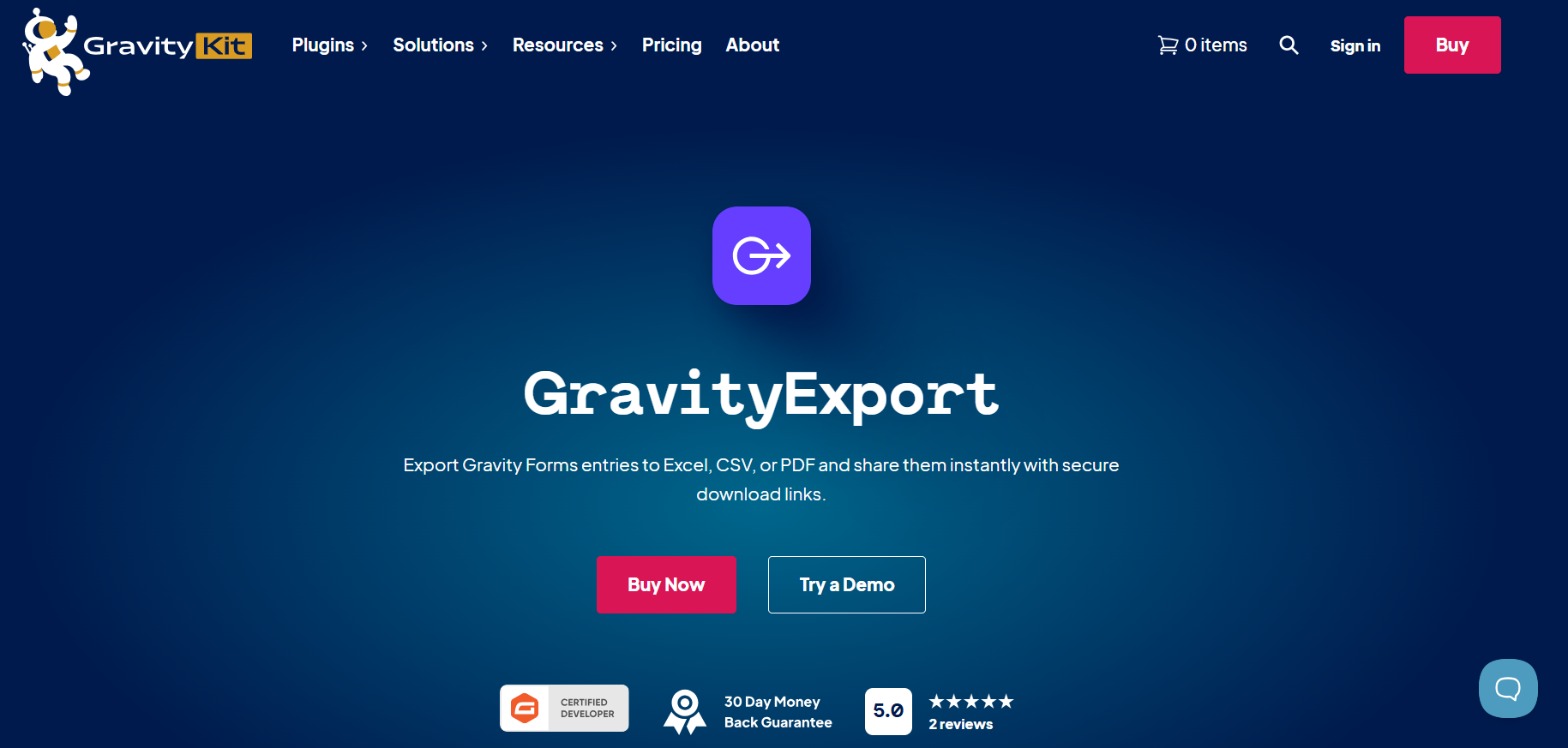 GravityKit website showing the GravityExport page with the words: "Export Gravity Forms entries to Excel, CSV, or PDF and share them instantly with secure download links"