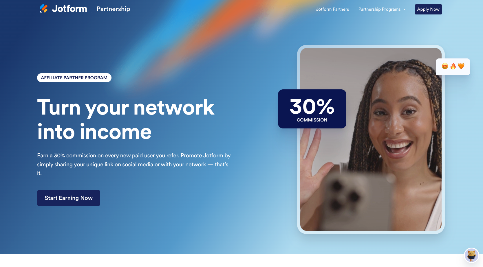 Jotform Affiliate Program website with the words: "Turn your network into income"