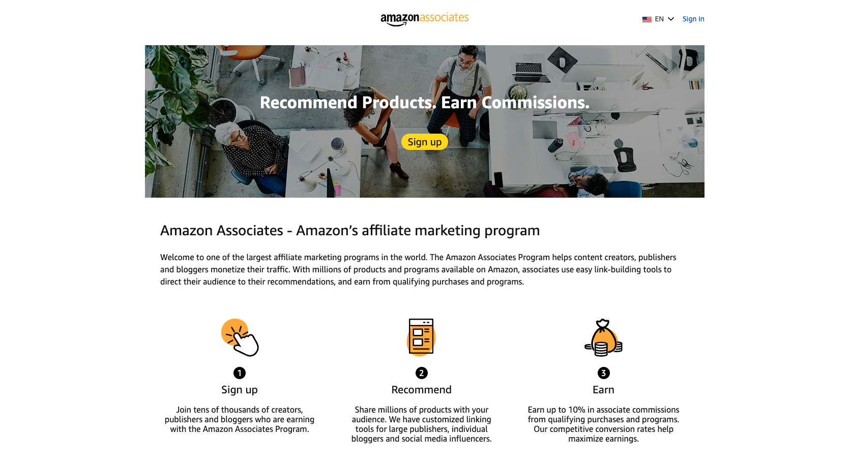 Amazon Associates website with the words: "Recommend Products