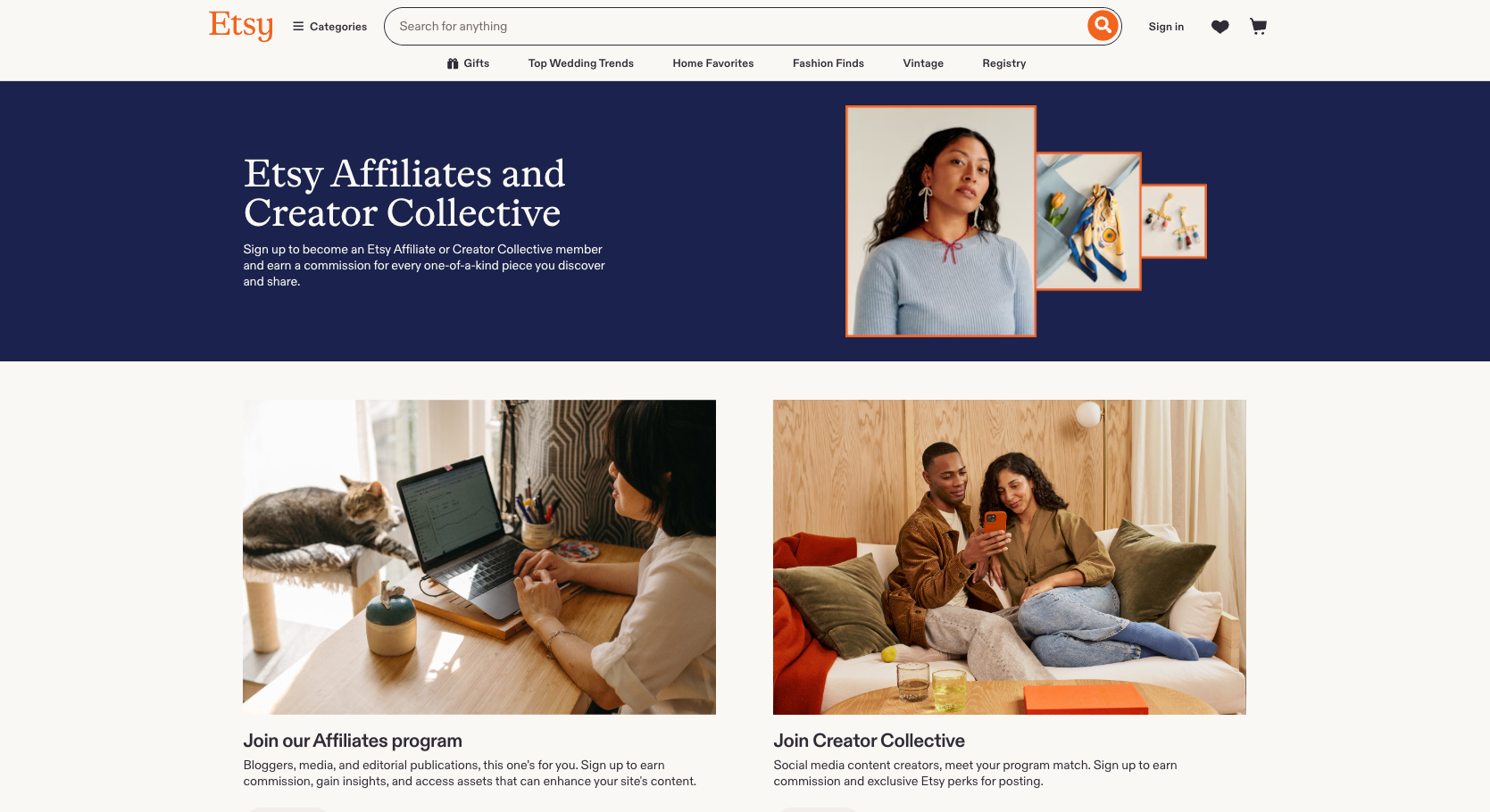 Etsy website with the words: "Etsy Affiliates and Creator Collective"