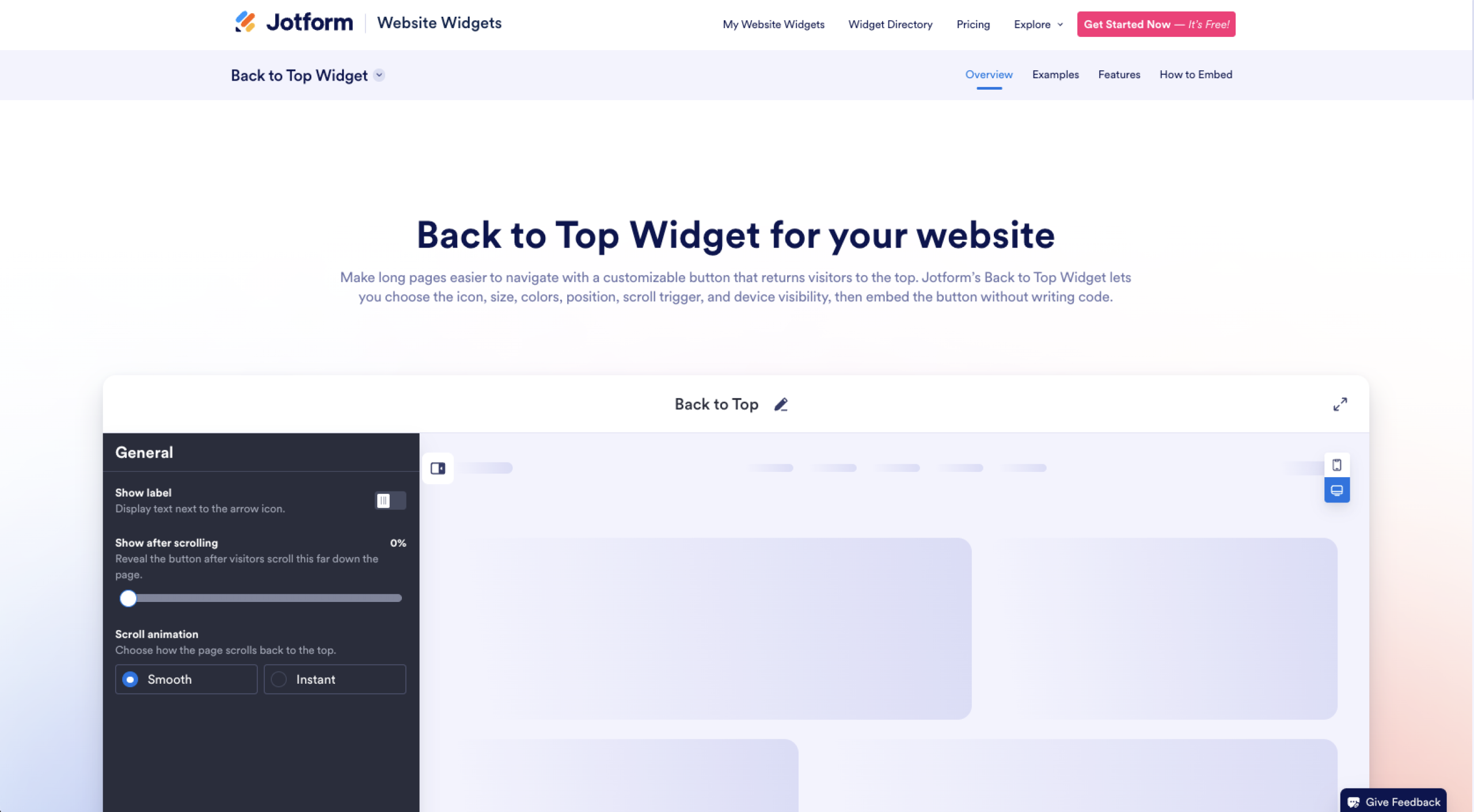 Screenshot of the Jotform's back to top button landing page