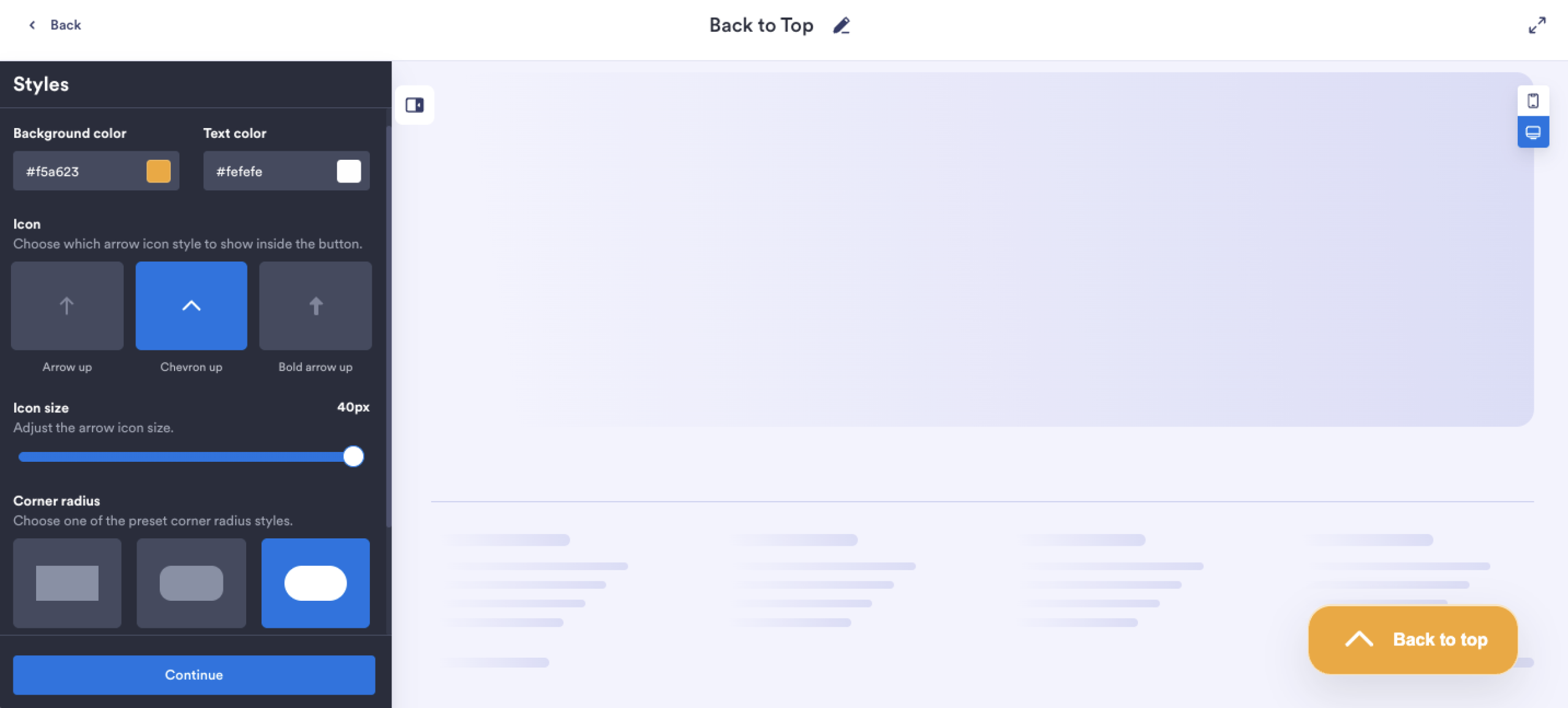 Jotform widget builder with style settings for a back-to-top button