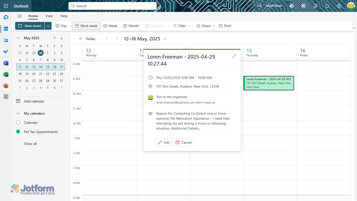 Event Details pop-up in the Microsoft Outlook Calendar
