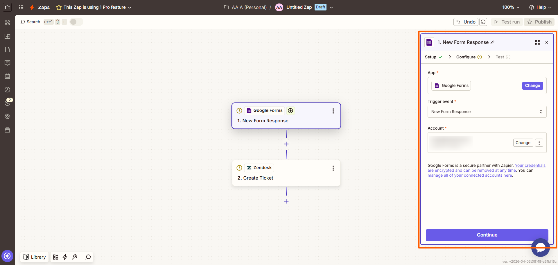 Zapier interface showing the Google Forms-Zendesk Zap flow, and the Google Forms connection options