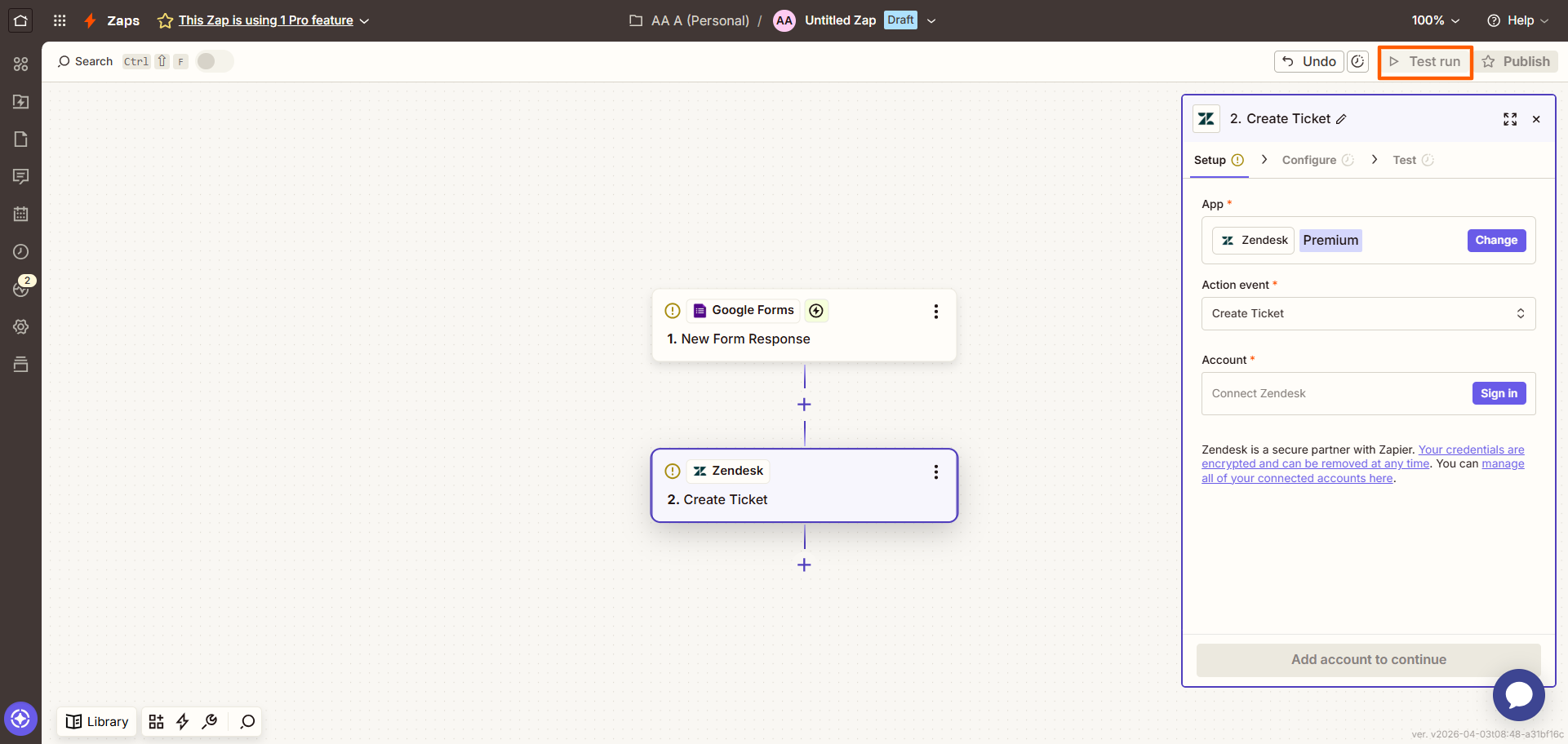 Zapier interface showing the Google Forms-Zendesk Zap flow, with the "Test run" button highlighted