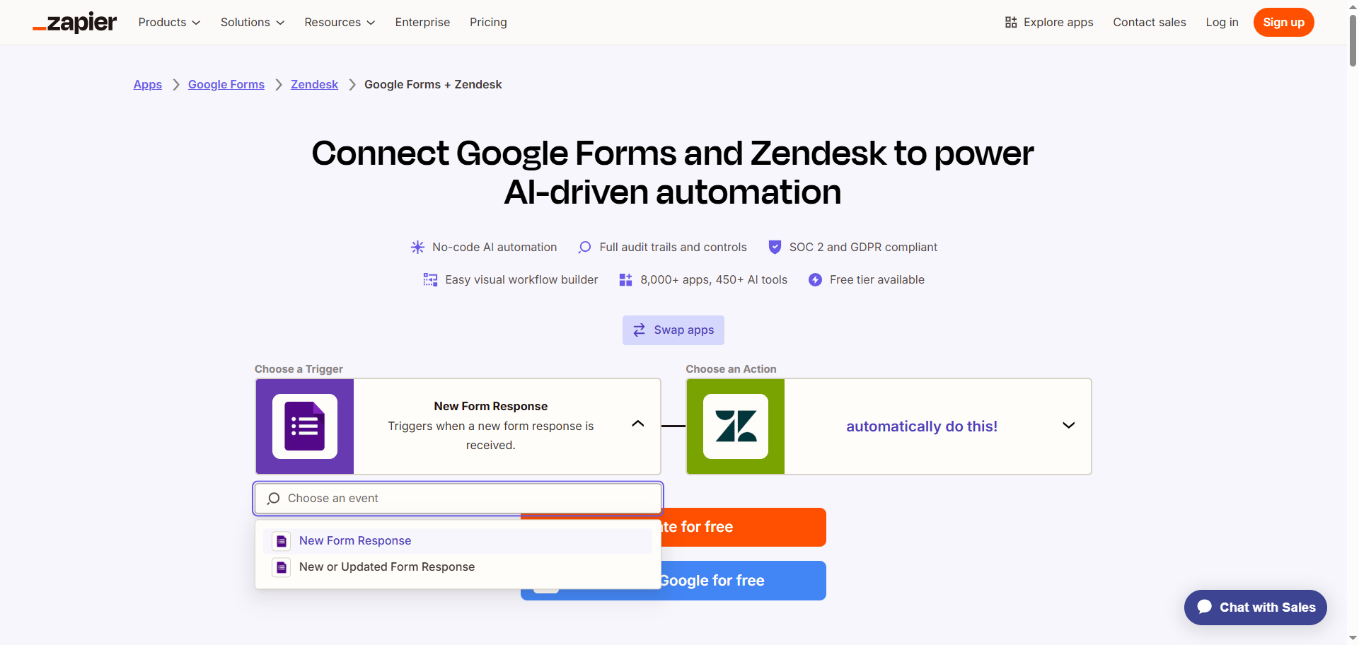 Zapier's Quick Connect web page for Google Forms and Zendesk showing the trigger options