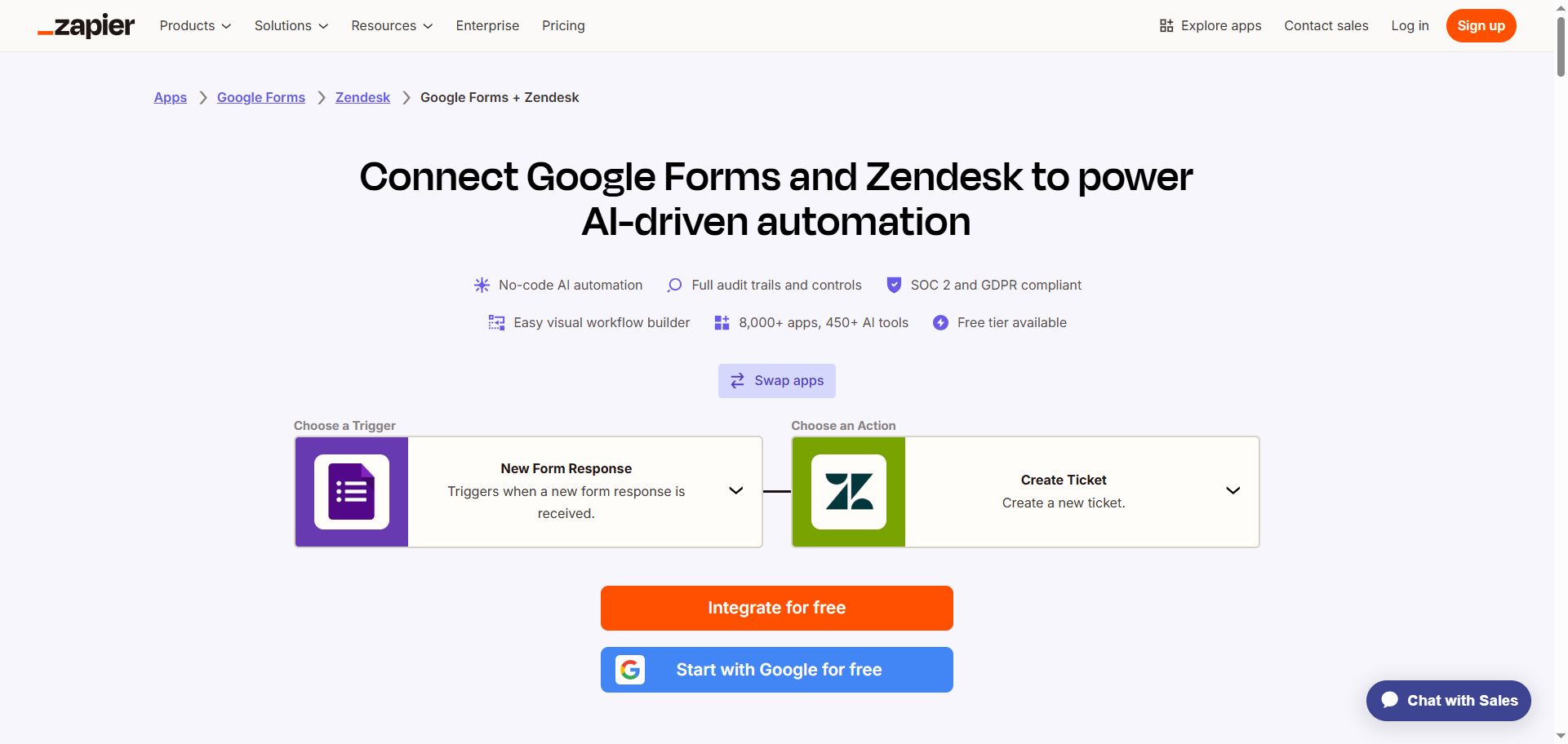 Zapier's Quick Connect web page for Google Forms and Zendesk showing both trigger and action options selected