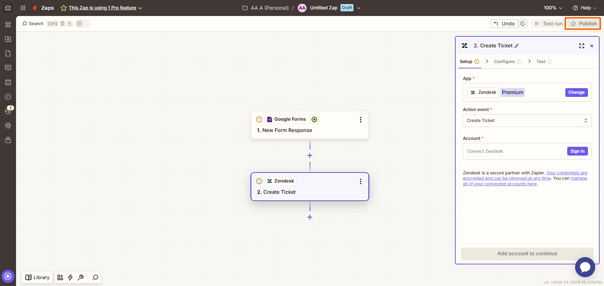 Zapier interface showing the Google Forms-Zendesk Zap flow, with the "Publish" button highlighted