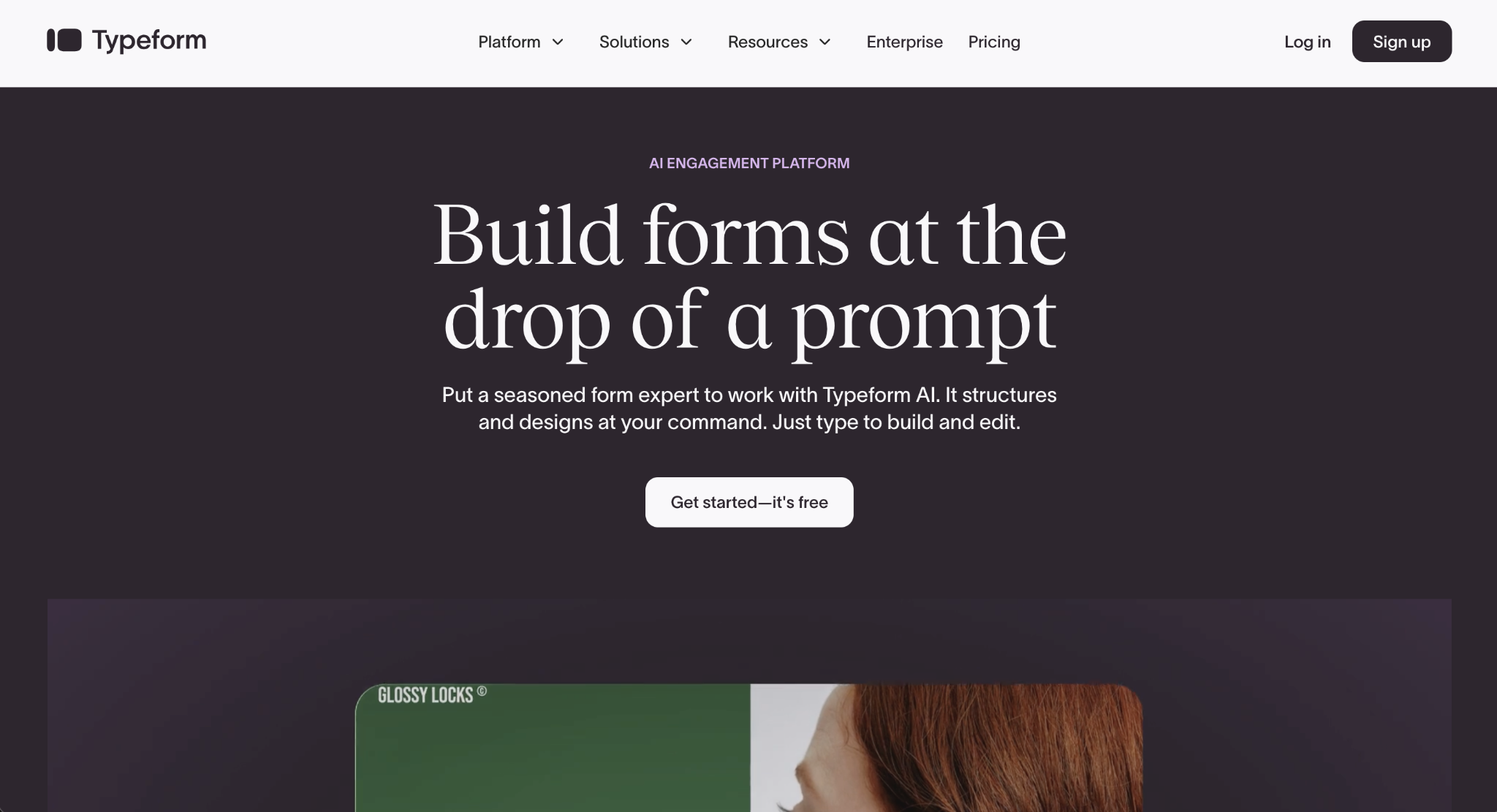Screenshot of the Typeform landing page, showing a headline "Build forms at the drop of a prompt