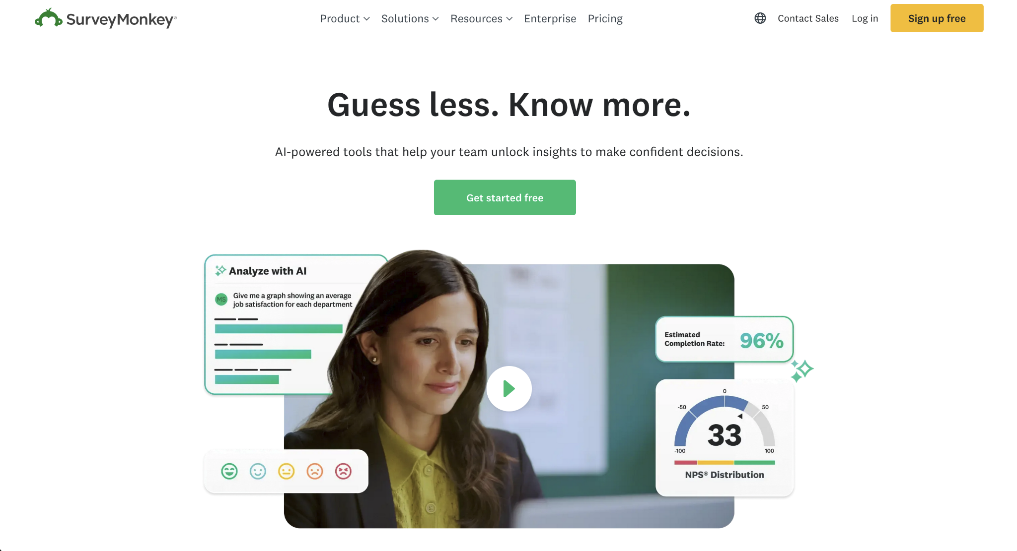 Screenshot of the SurveyMonkey landing page, showing a headline "Guess less