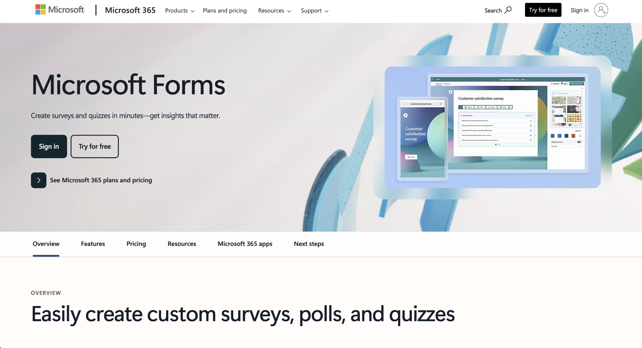 Screenshot of the Microsoft Forms landing page