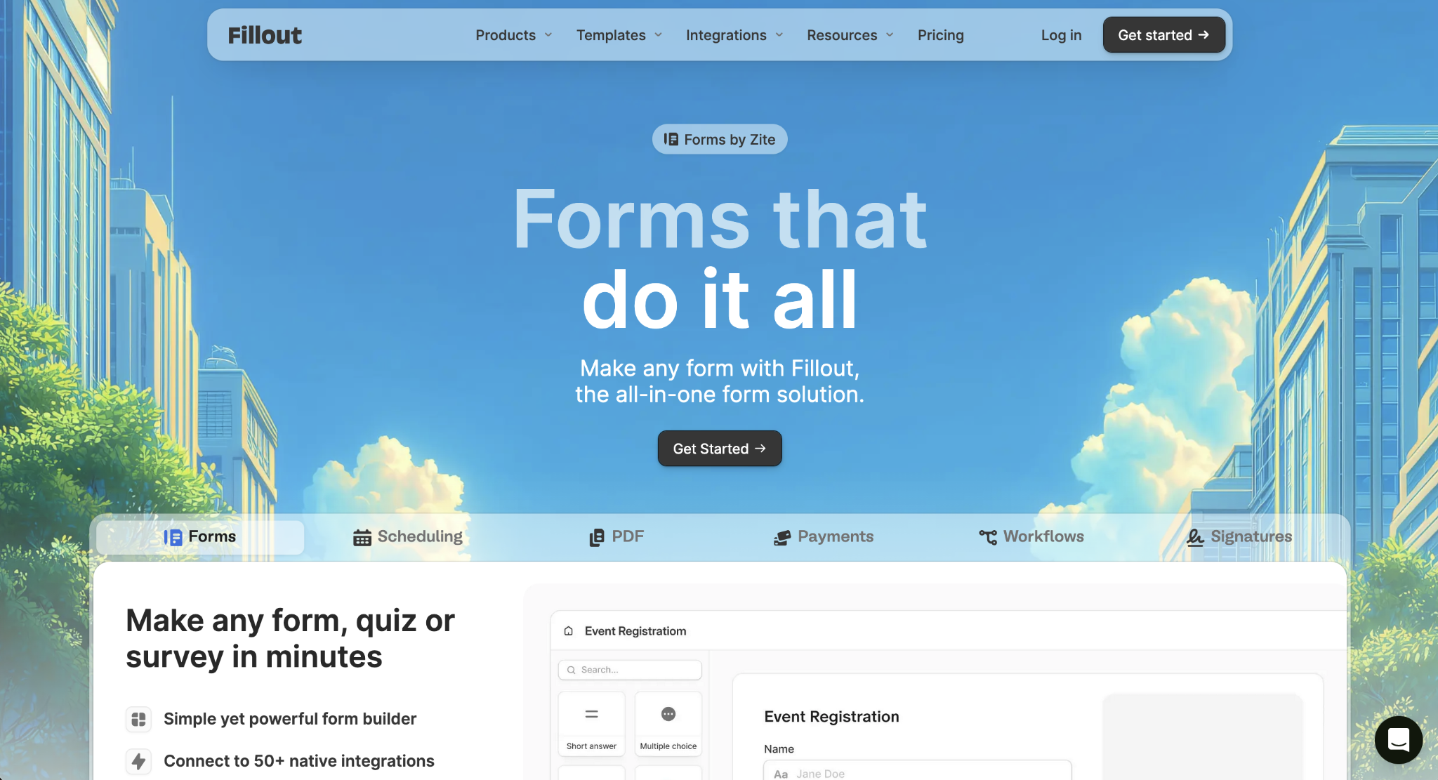 Screenshot of the Fillout landing page, showing a headline "Forms that do it all"