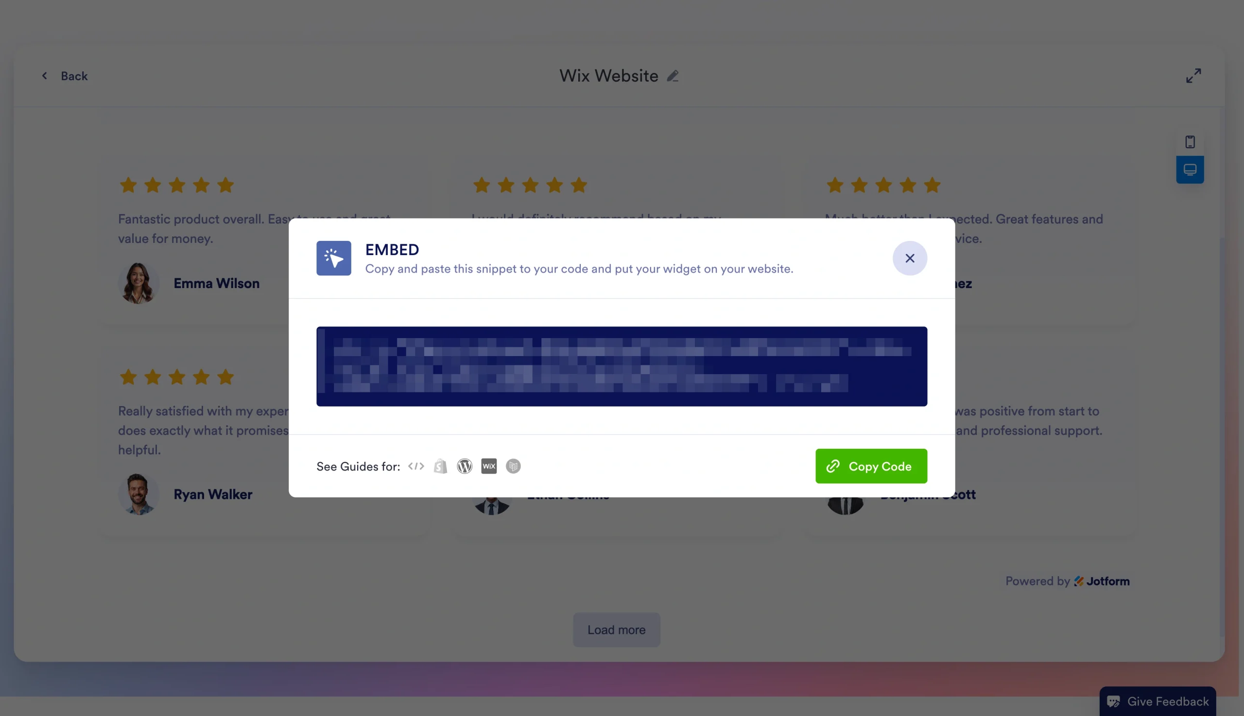 Screenshot showing the EMBED popup in Jotform with the generated embed code and a Copy Code button for adding the Trustpilot widget to a website