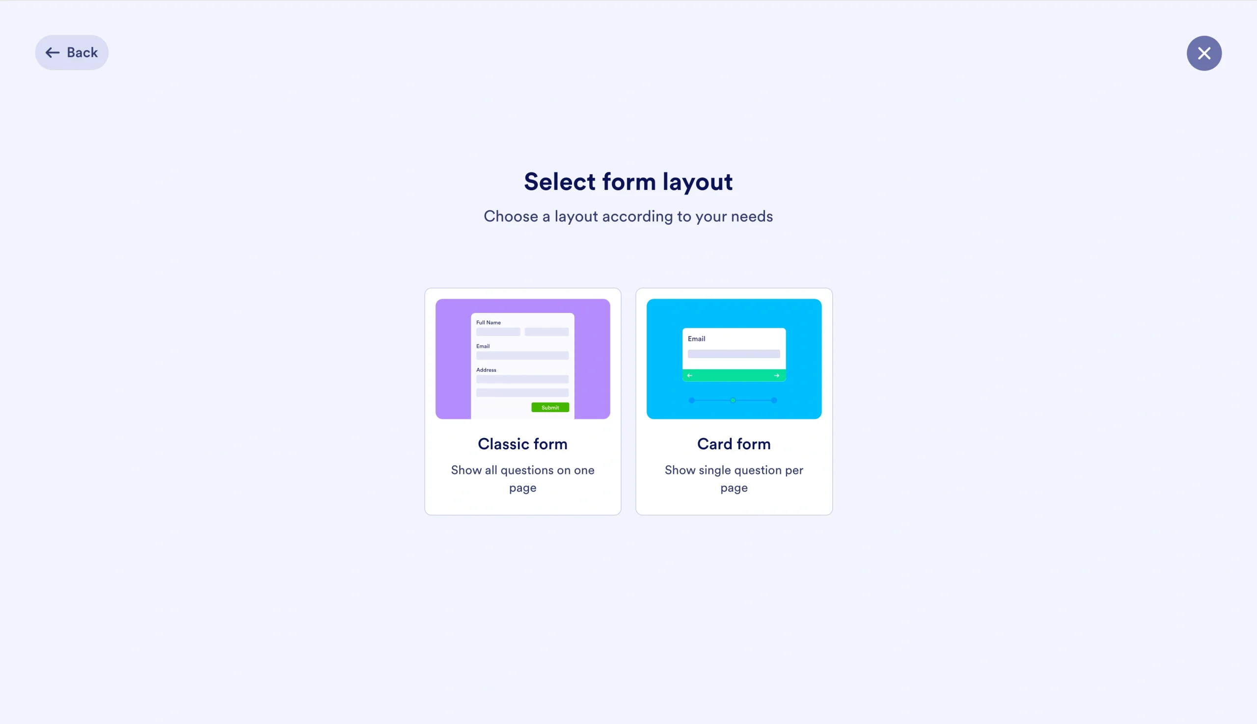 Jotform layout selection screen with Classic Form and Card Form options