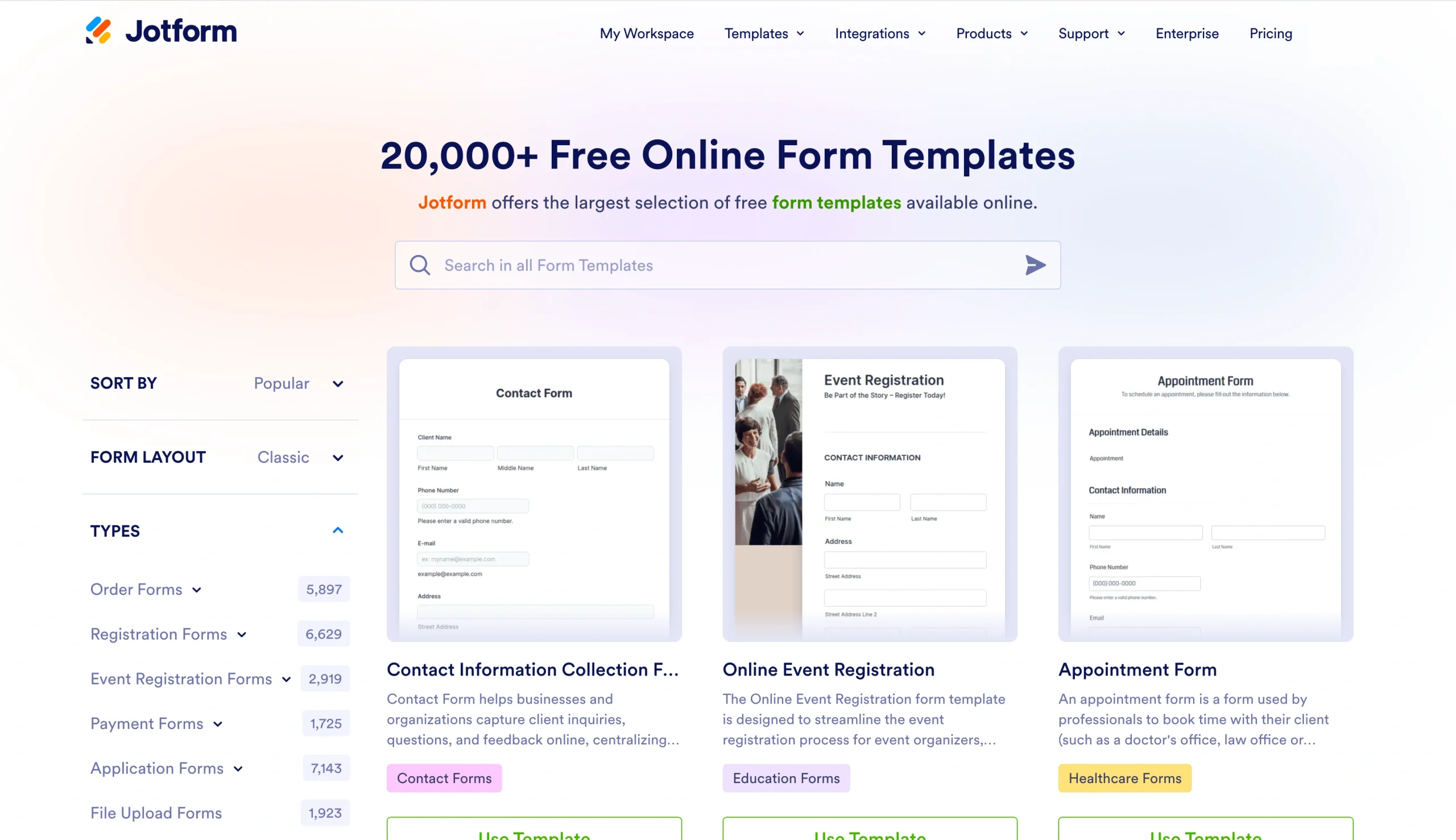 Screenshot of the Jotform form template gallery