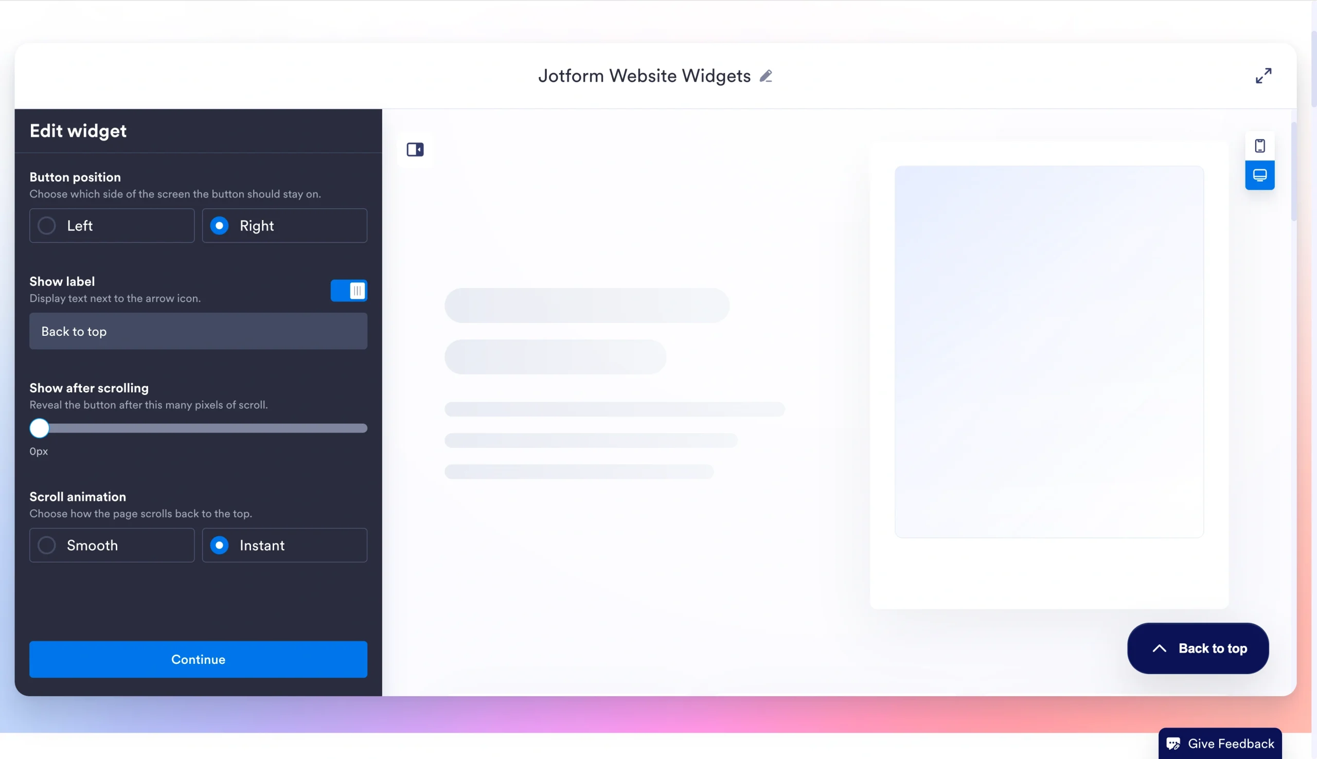 Jotform Back to Top Widget editor, showing button position, label, animation, and scroll settings