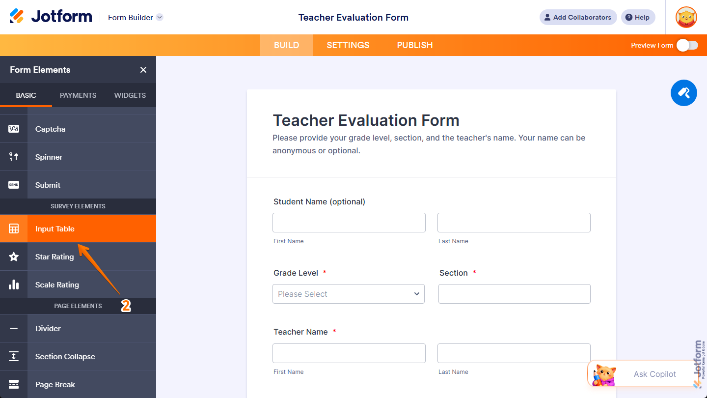 Input Table element under the Basic tab of the Form Elements menu in Jotform Form Builder