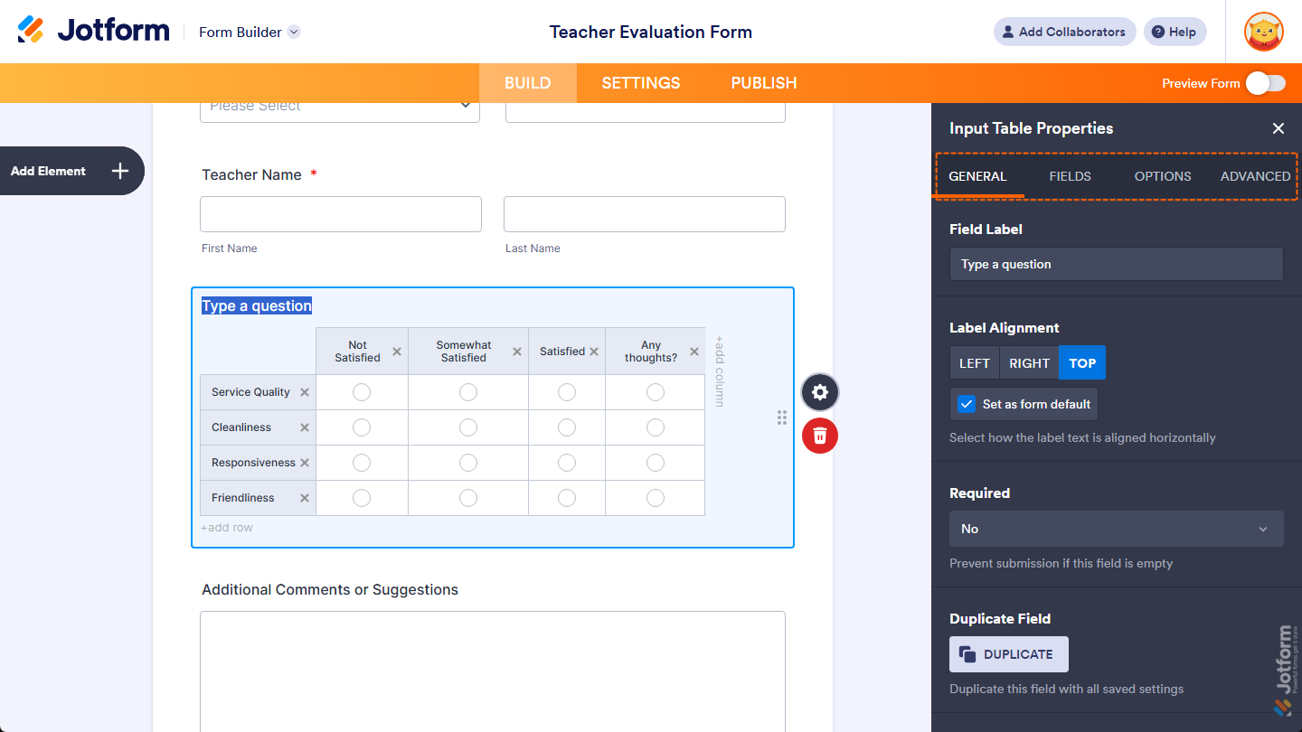 Different tabs in the Input Table Properties menu in Jotform Form Builder
