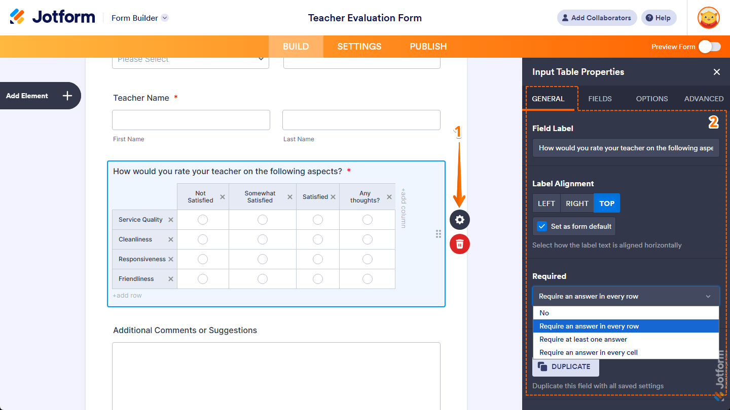 Different field properties under the General tab of the Input Table Properties menu in Jotform Form Builder