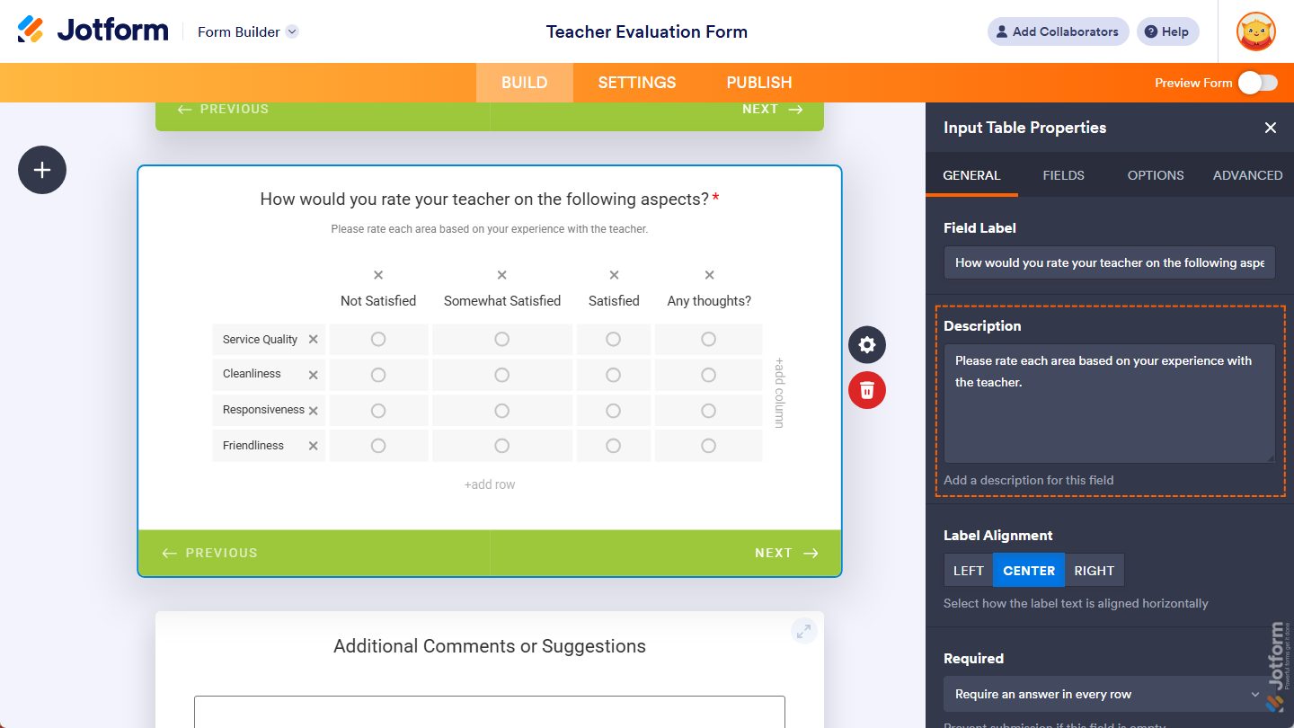 Description property under the General tab of the Input Table Properties menu in Jotform Cards Form Builder