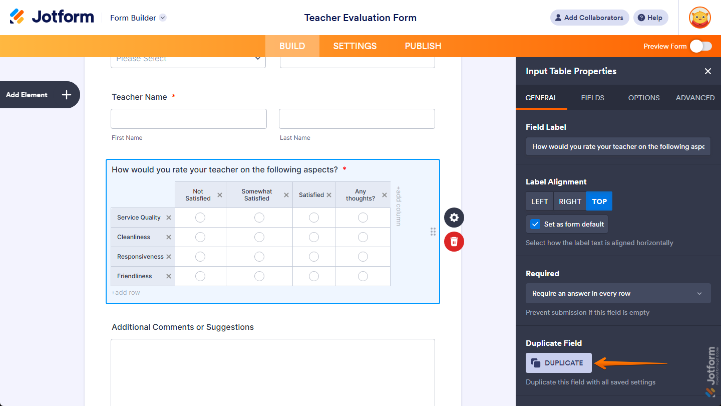 Duplicate button under the General tab of the Input Table Properties menu in Jotform Form Builder