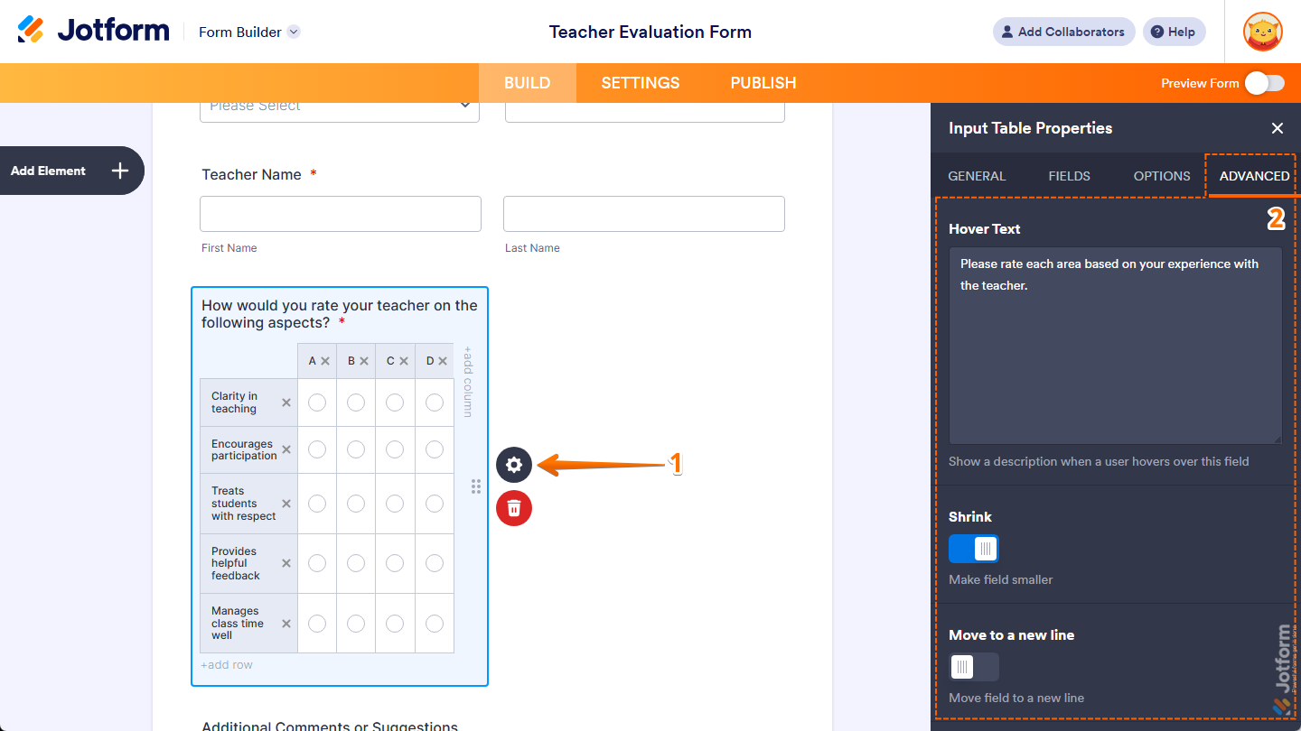 Different field properties under the Advanced tab of the Input Table Properties menu in Jotform Form Builder